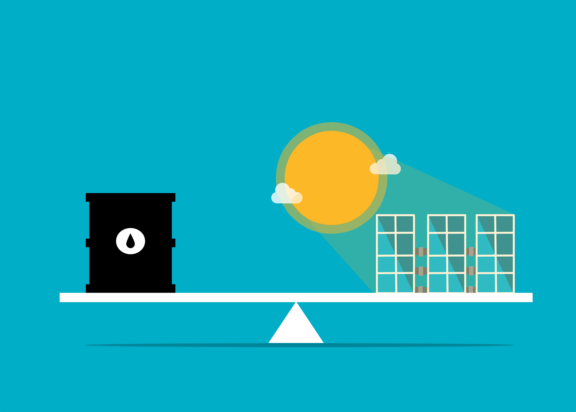 A scale with an oil barrel on one side and a sun and solar panels on the other.