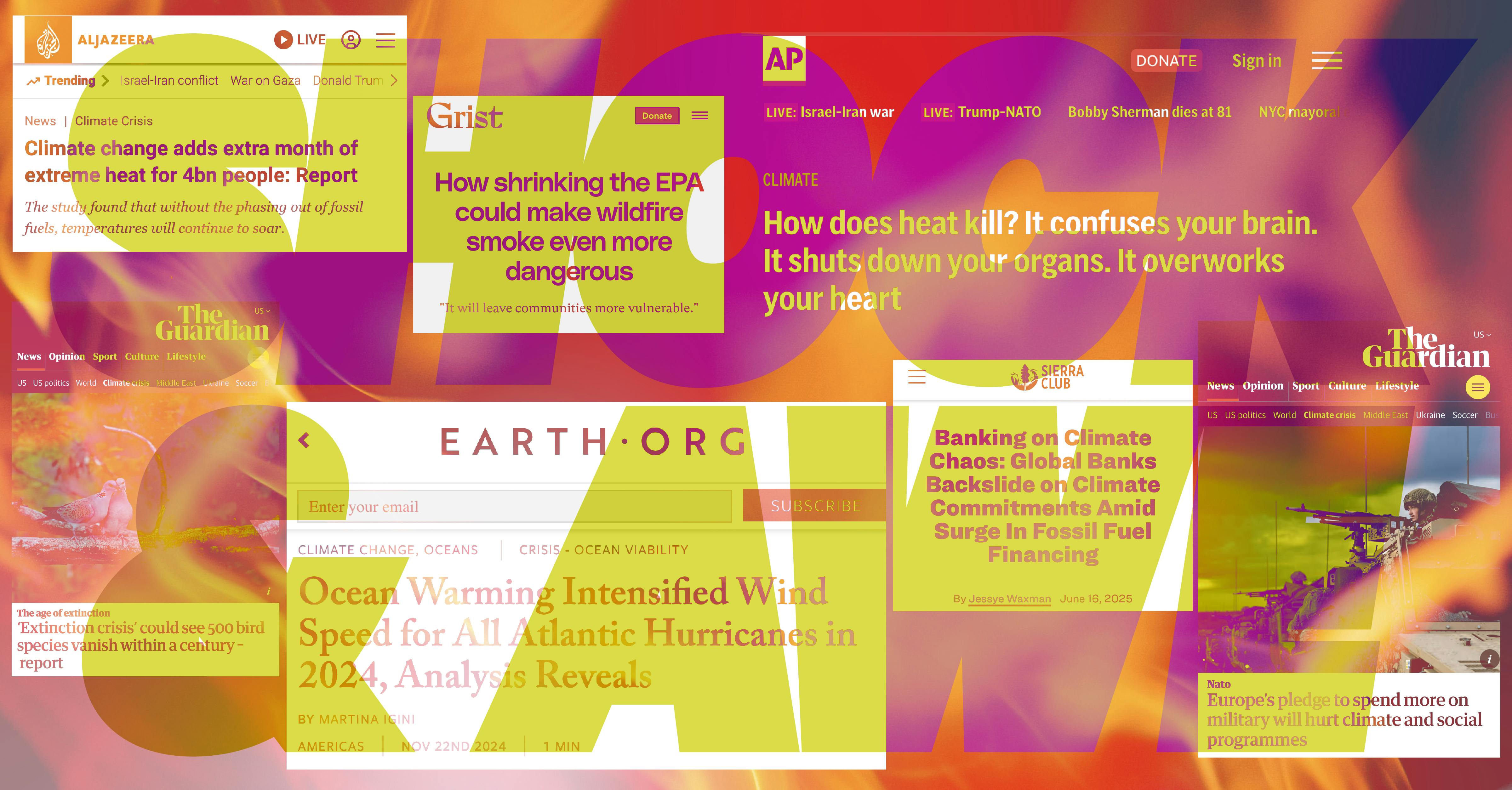 A collage of press clippings about the climate crisis