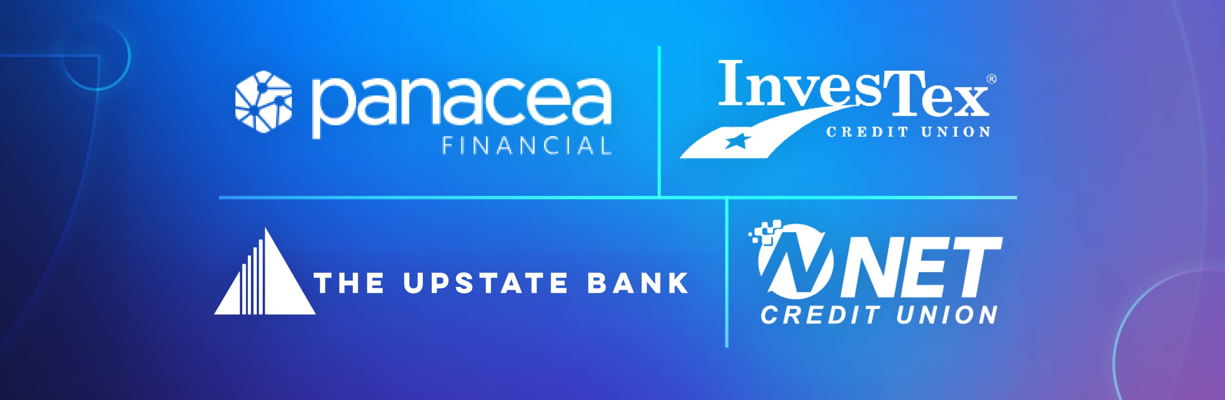 Panacea Financial logo, InvesTex CU logo, The Upstate Bank logo, and Net CU logo in a grid on a colorful background