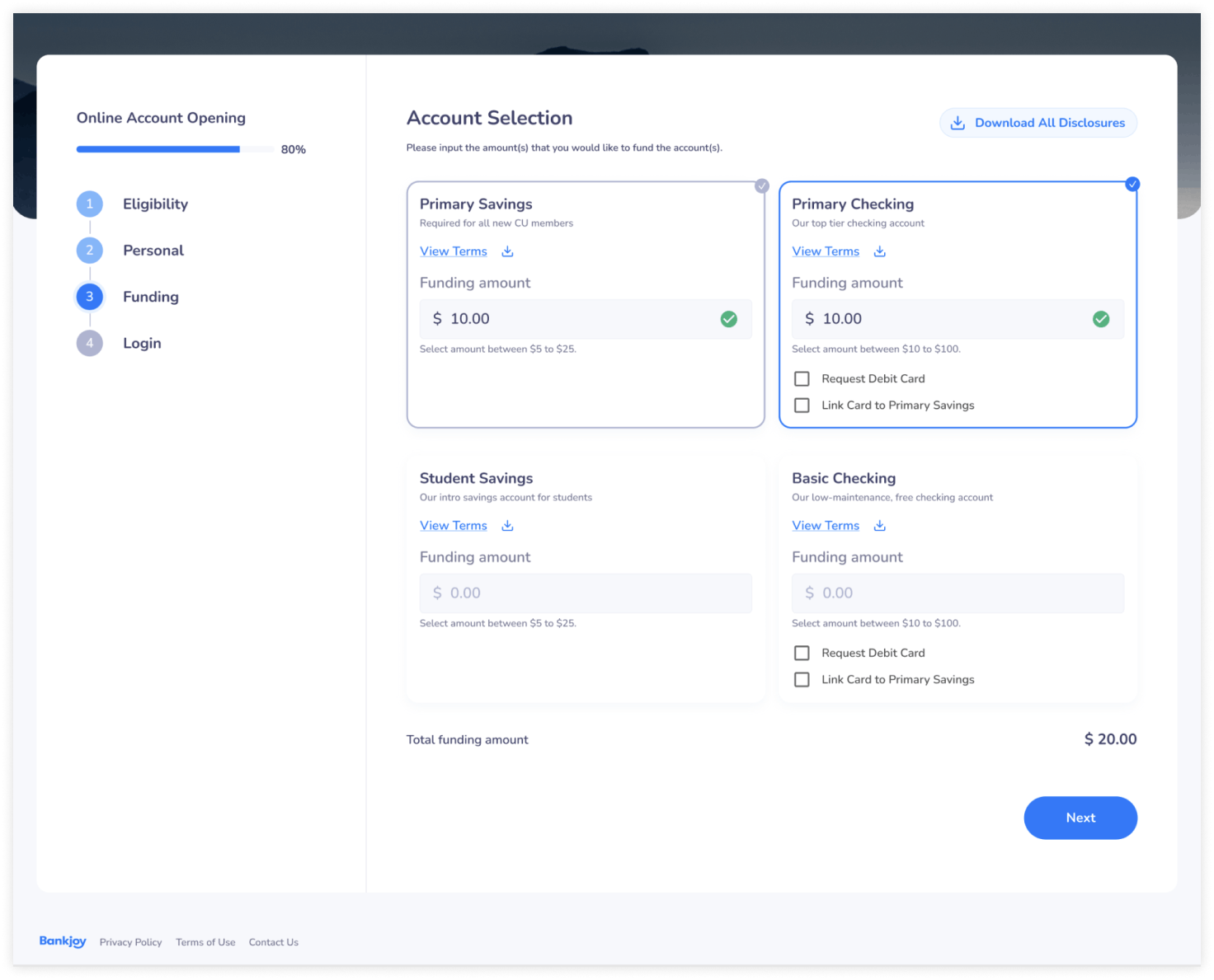 Screenshot of Bankjoy's Online Account Opening "Account Selection" feature