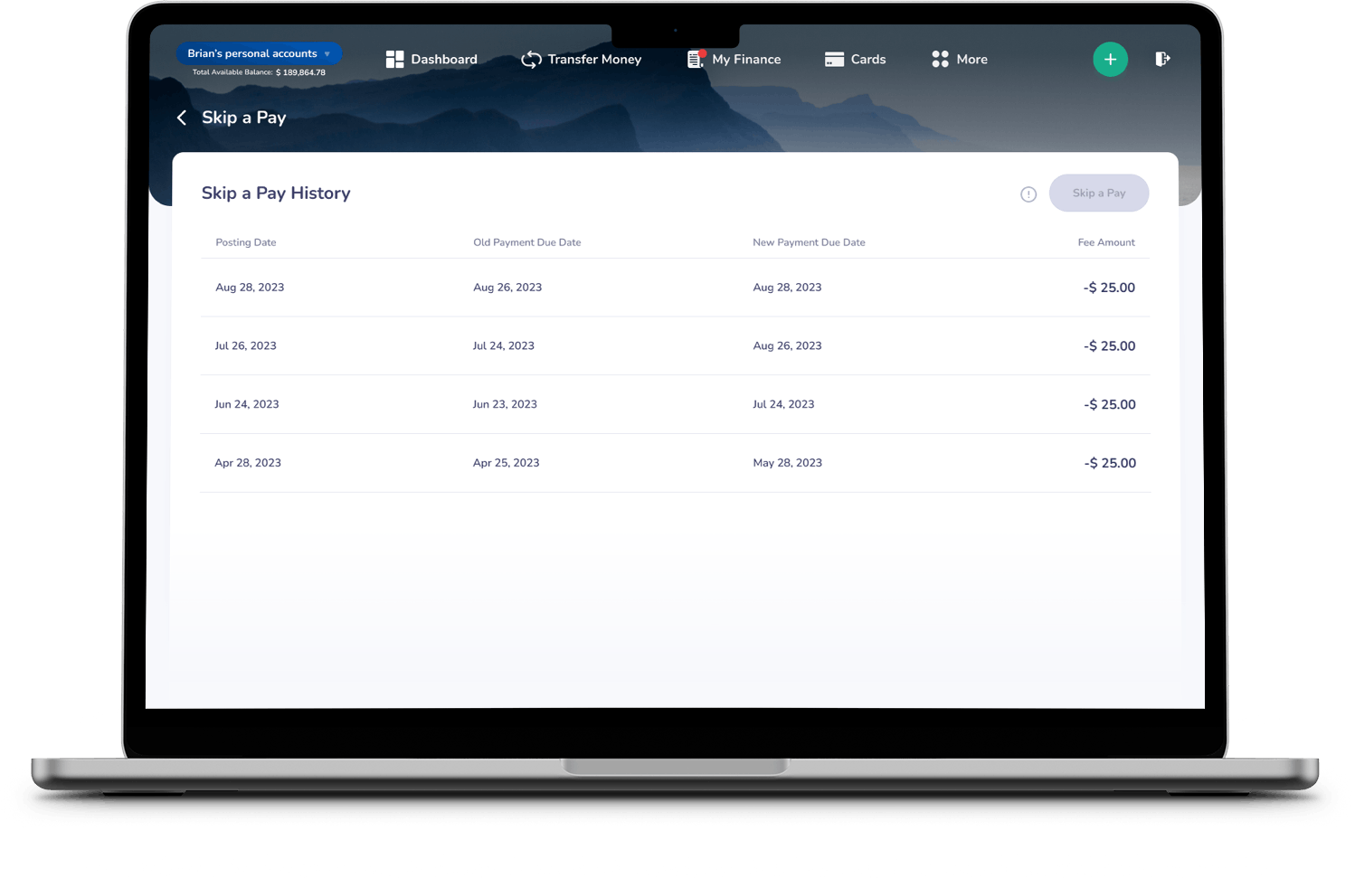 Screenshot of Bankjoy's "Skip a Pay" feature