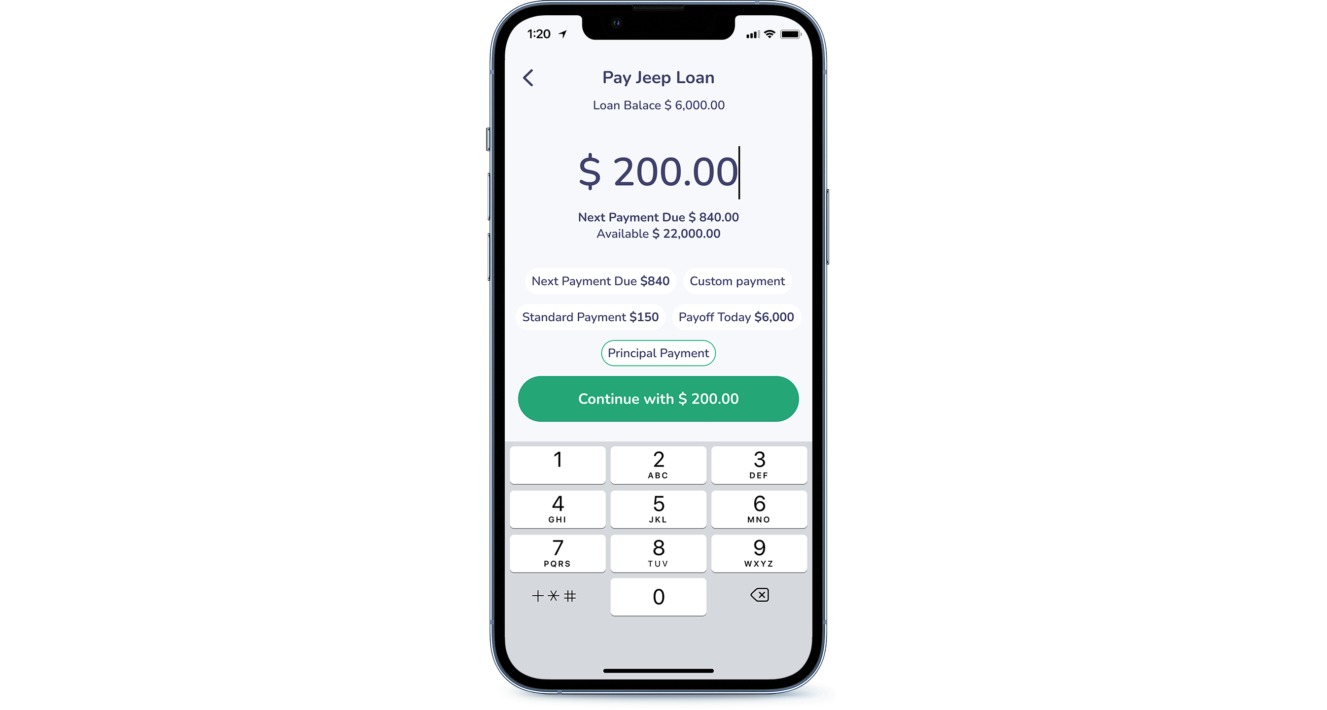 Bankjoy mobile platform - Principal Payment screen