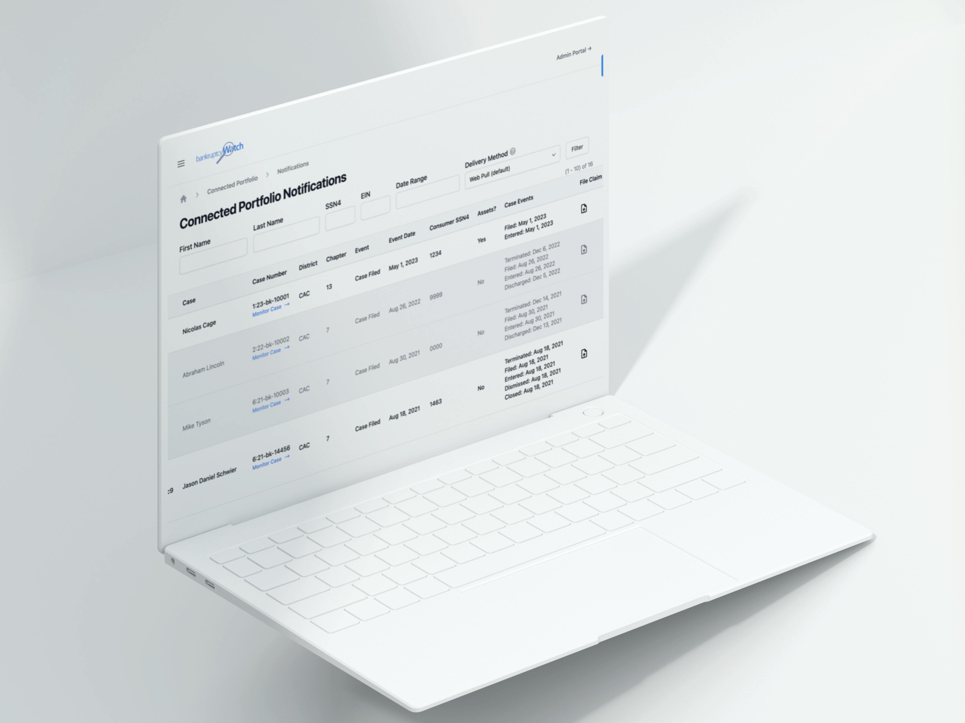 Screenshot of the BankruptcyWatch Platform