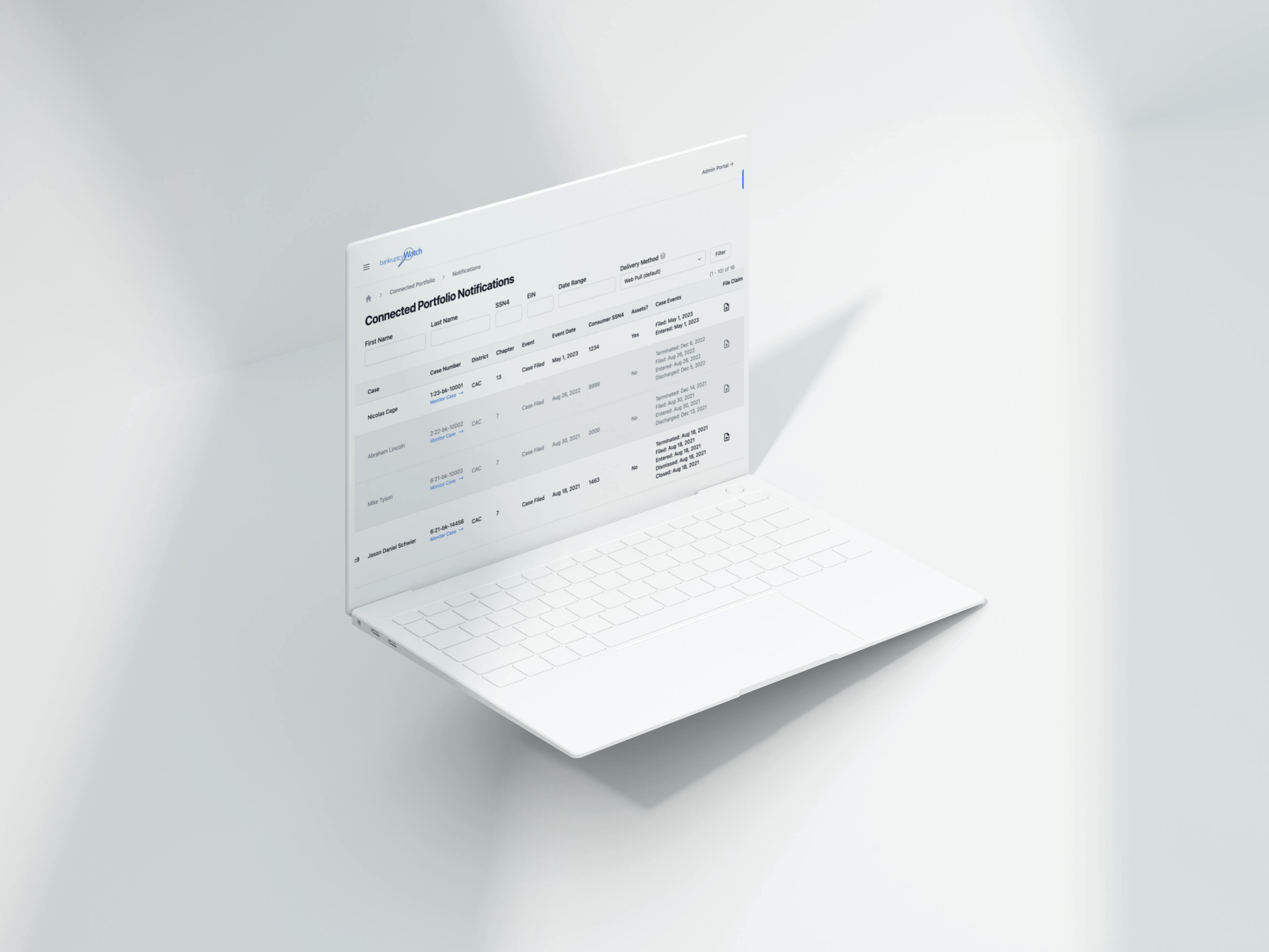Screenshot of the BankruptcyWatch Platform