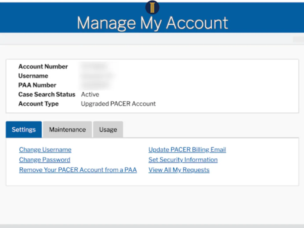 PACER Manage My Account screen showing the 'Account Type' field labeled "Upgraded PACER Account," confirming a NextGen account