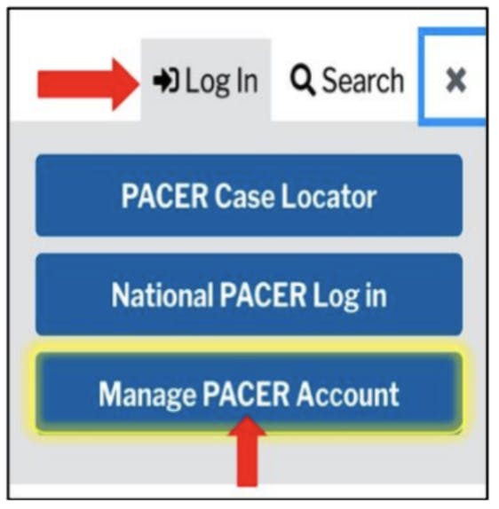 "Manage PACER Account" Button Screenshot