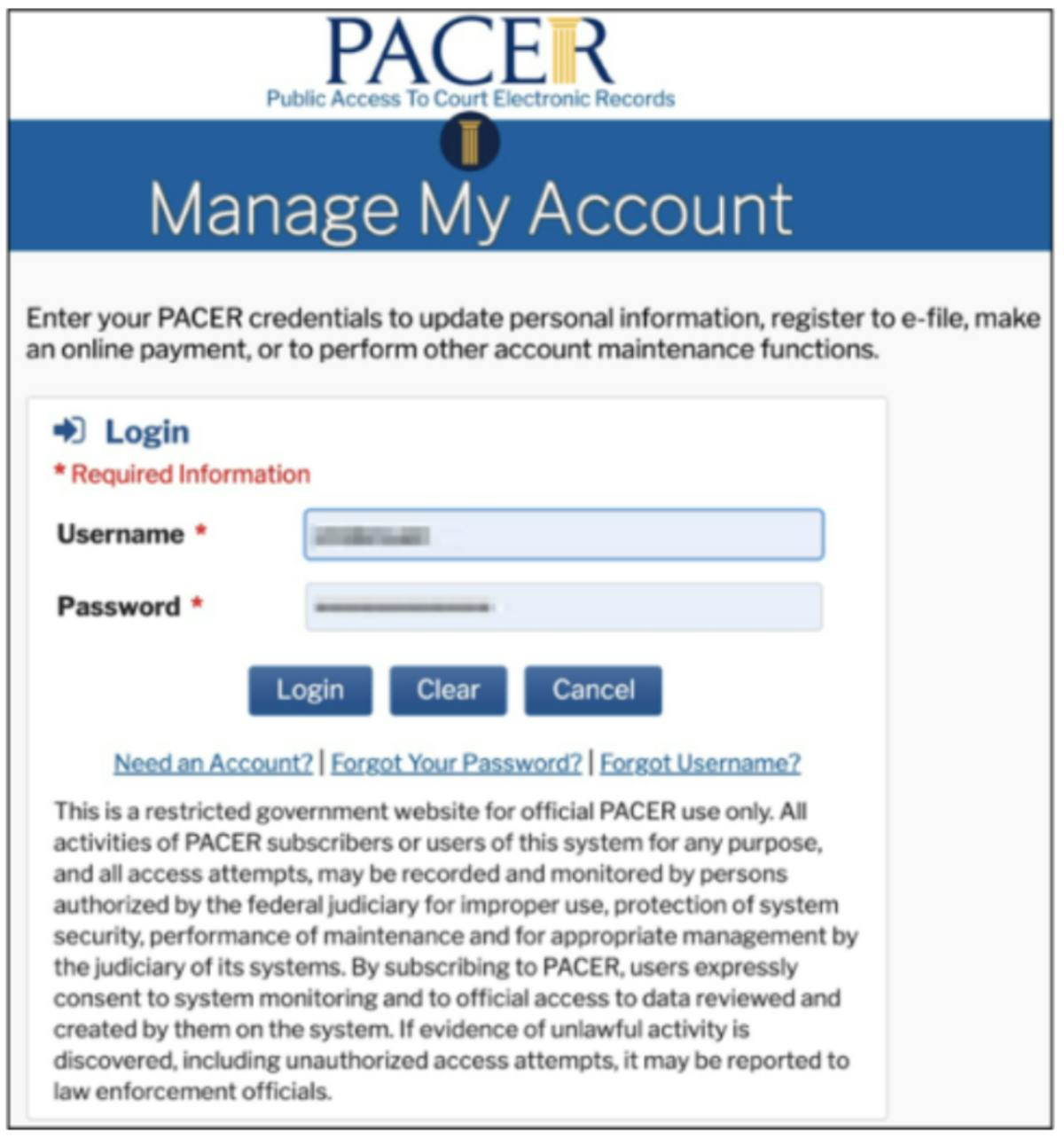 PACER Log In Window Screenshot