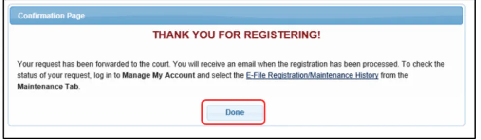 Registration confirmation pop-up, confirming the filing privilege request was submitted