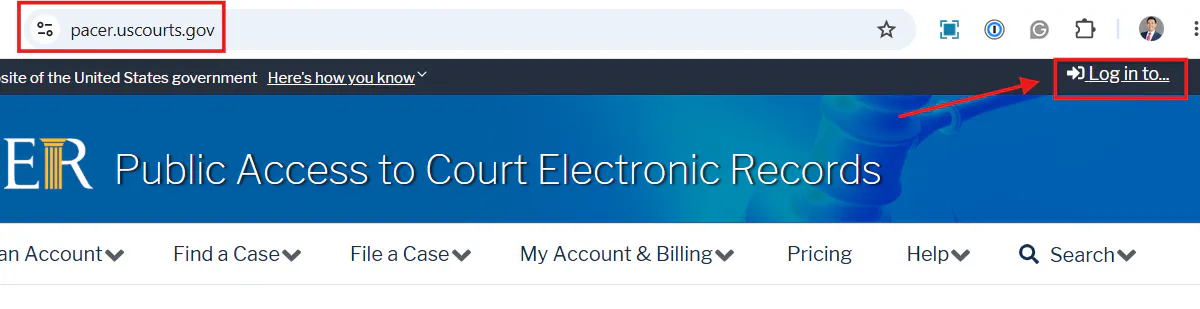 PACER homepage with the "Log in..." button highlighted in the top navigation bar