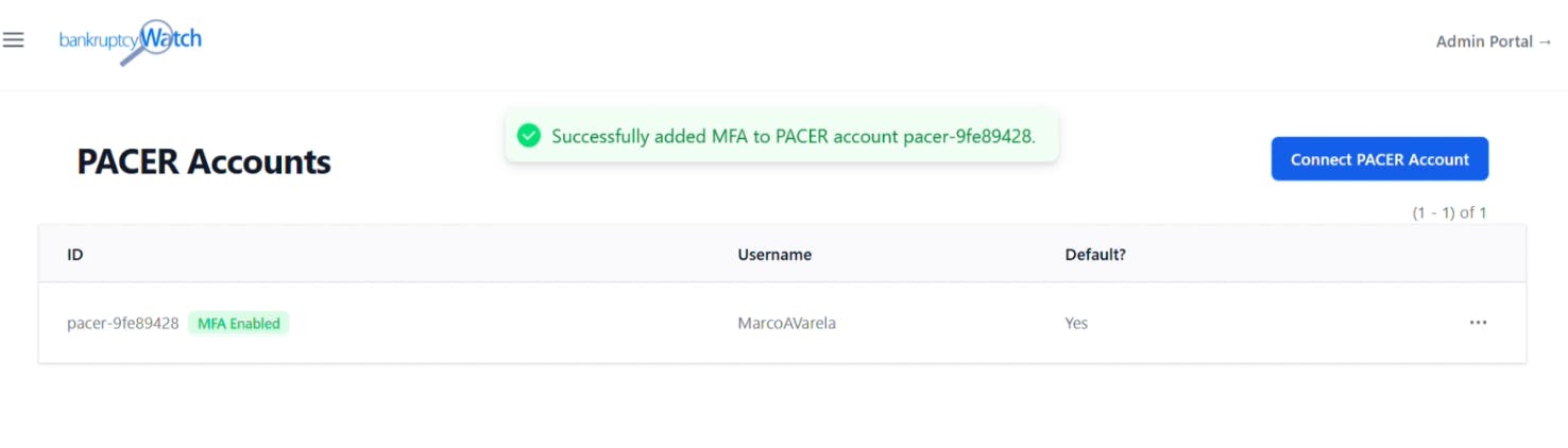 BankruptcyWatch MFA success screenshot