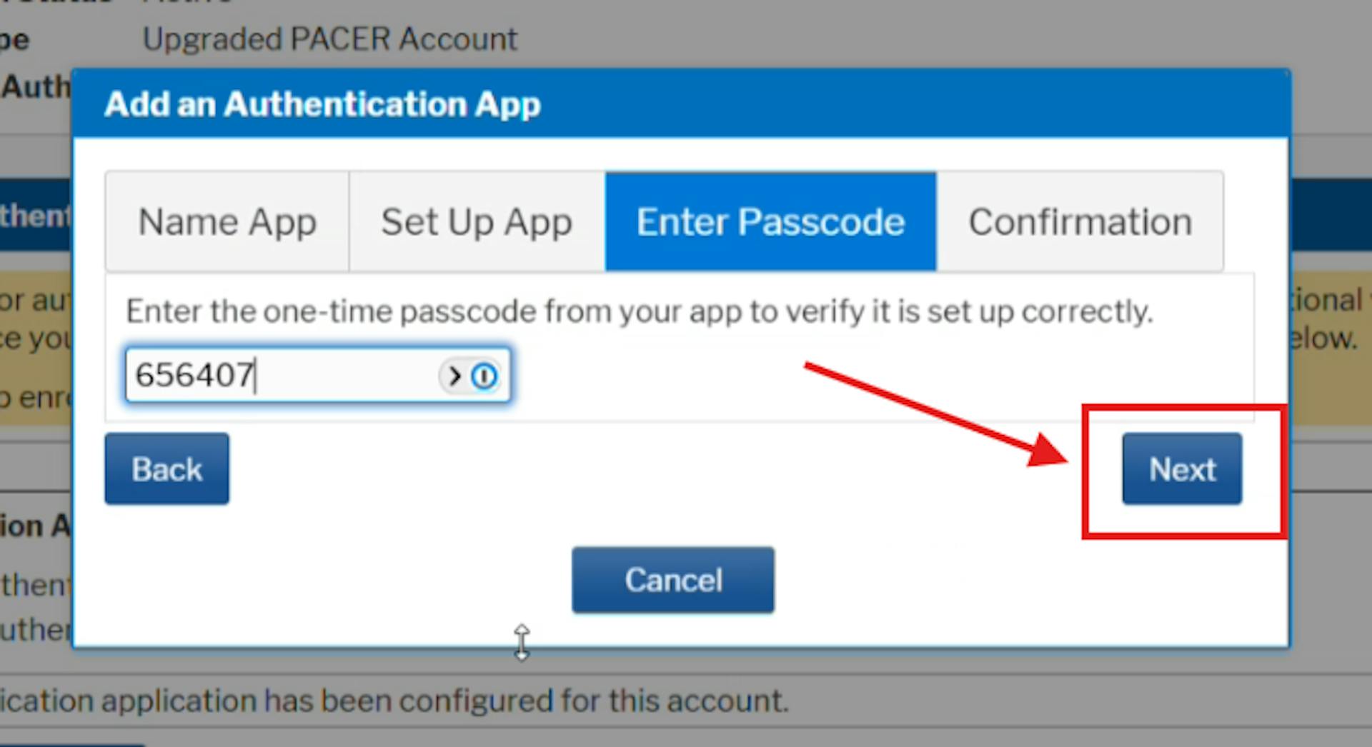 PACER OTP confirmation