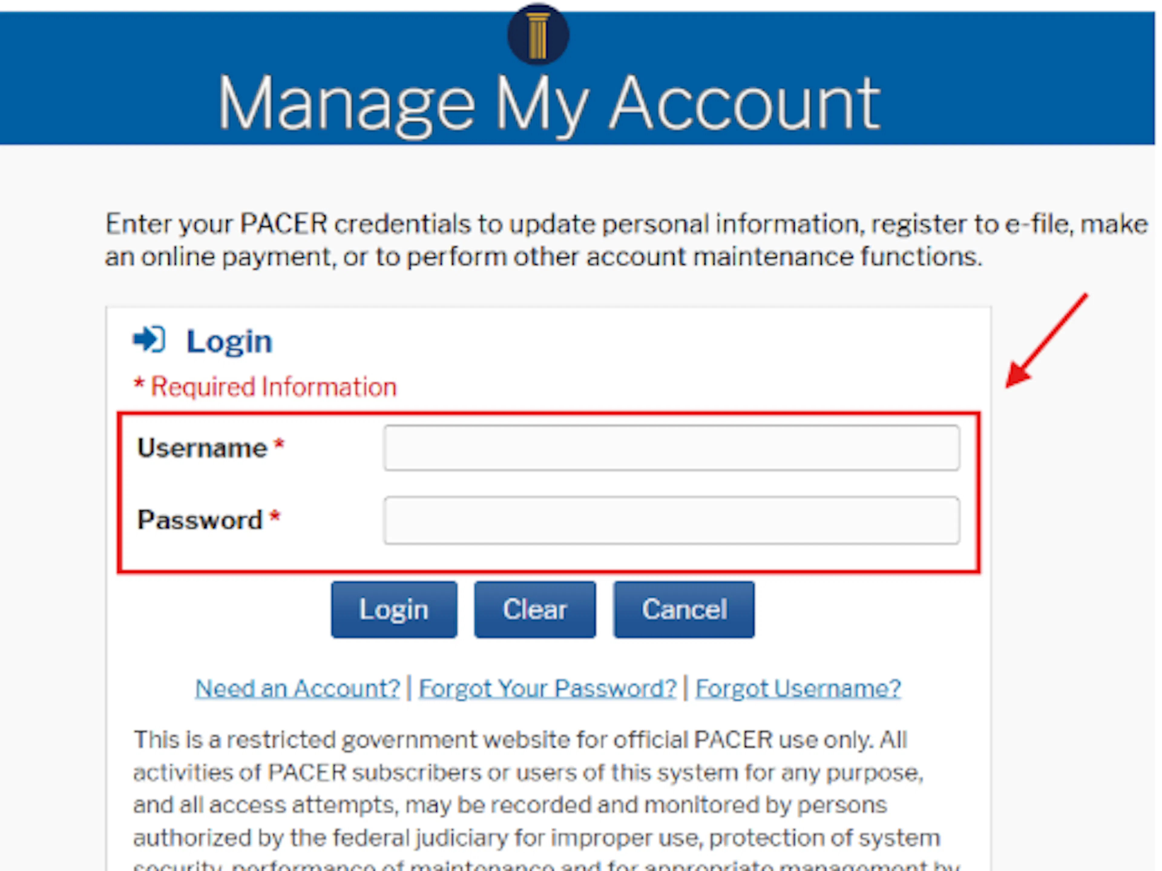 	PACER login screen with username and password fields ready for individual account credentials