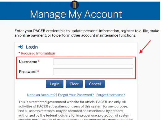 PACER login screen with username and password fields ready for individual account credentials