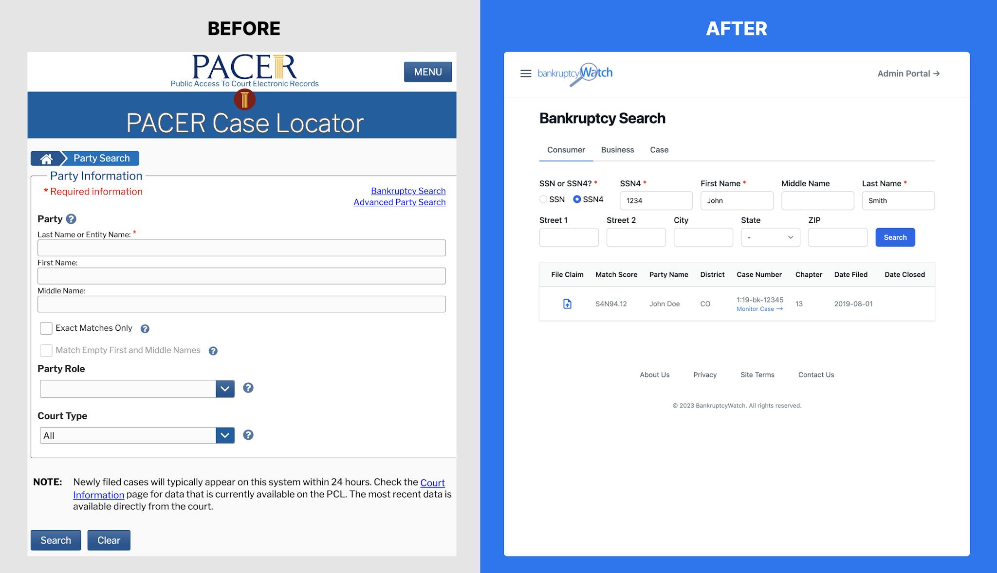 Before and after case locator makeover screenshots