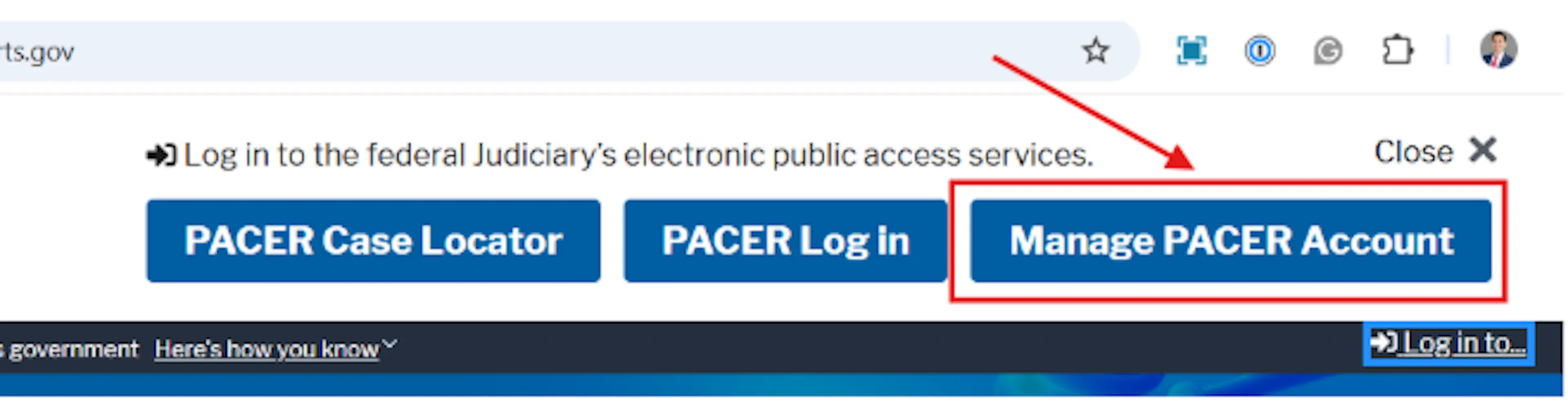 PACER homepage showing the "Log in" and "Manage PACER Account" options