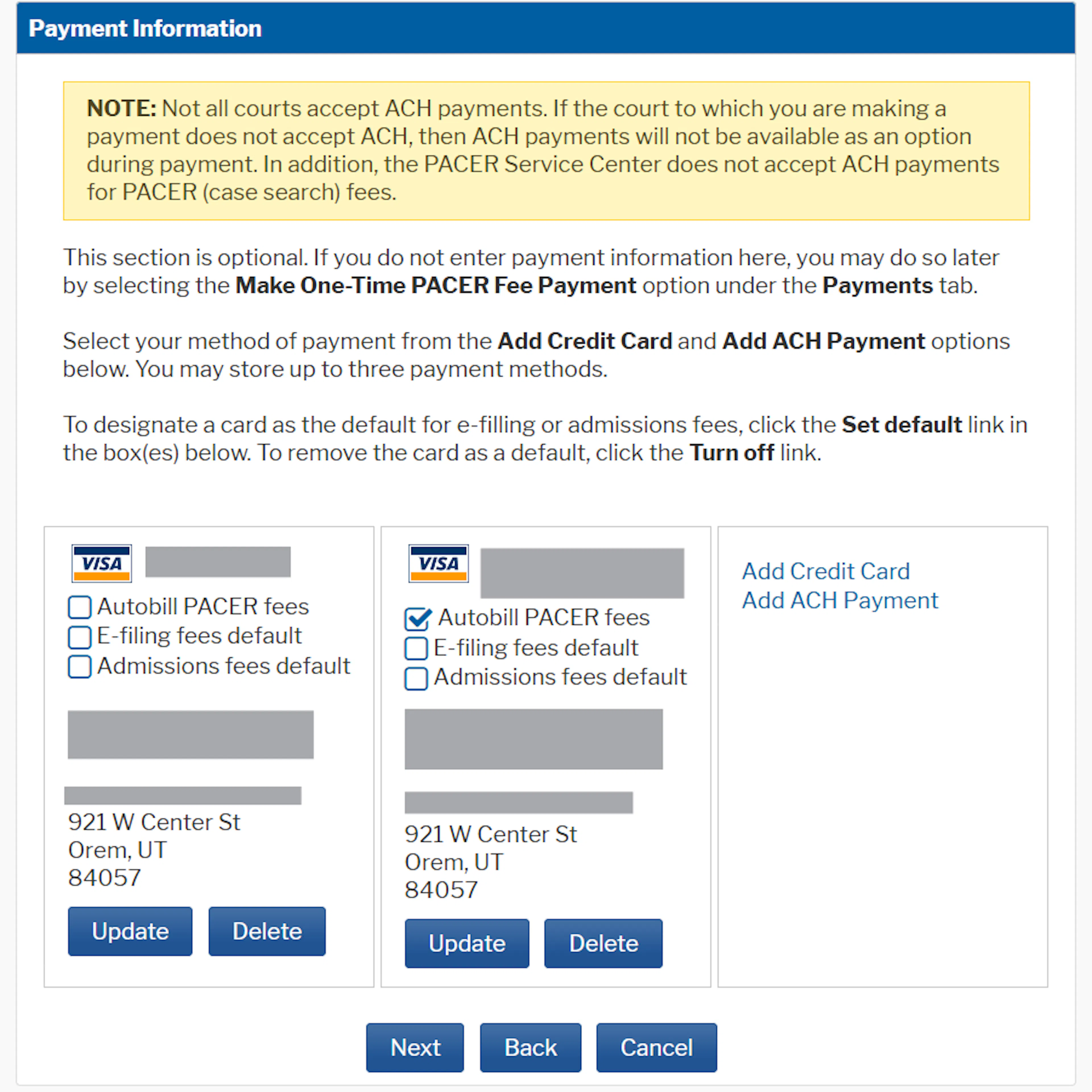 	PACER payment information screen with optional default payment fields