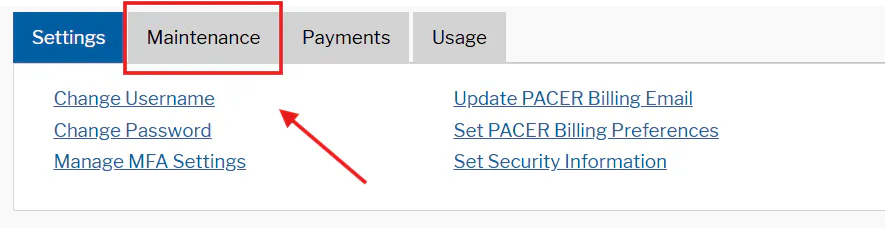 PACER account dashboard with the Maintenance tab selected