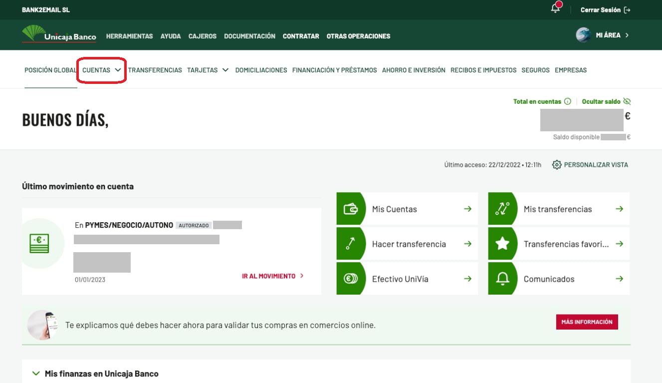 Captura de pantalla con el primer proceso, en el que has de acceder a apartado cuentas dentro de la plataforma del banco unicaja