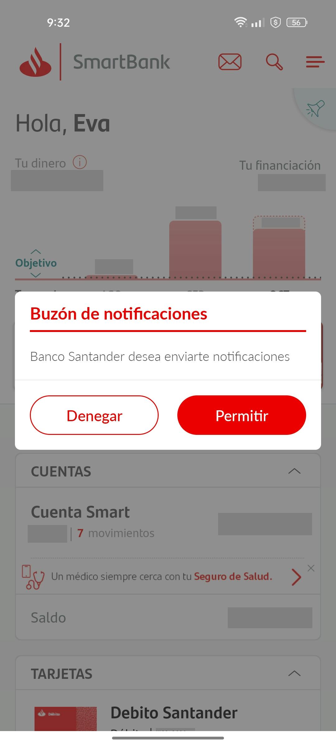 Captura de pantalla sobre las notificaciones del Banco Santander