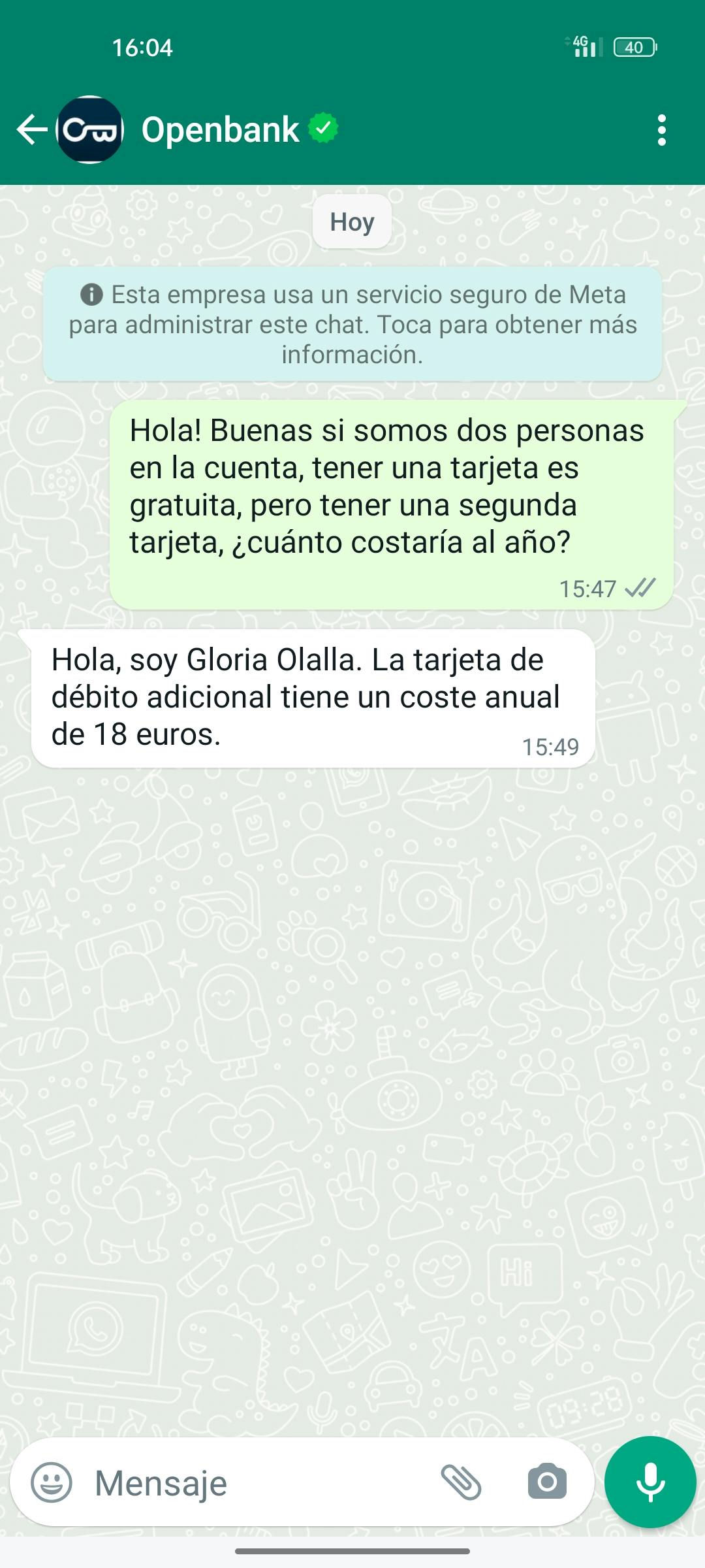 Captura de pantalla realizada en el chat de WhatsApp con Openbank