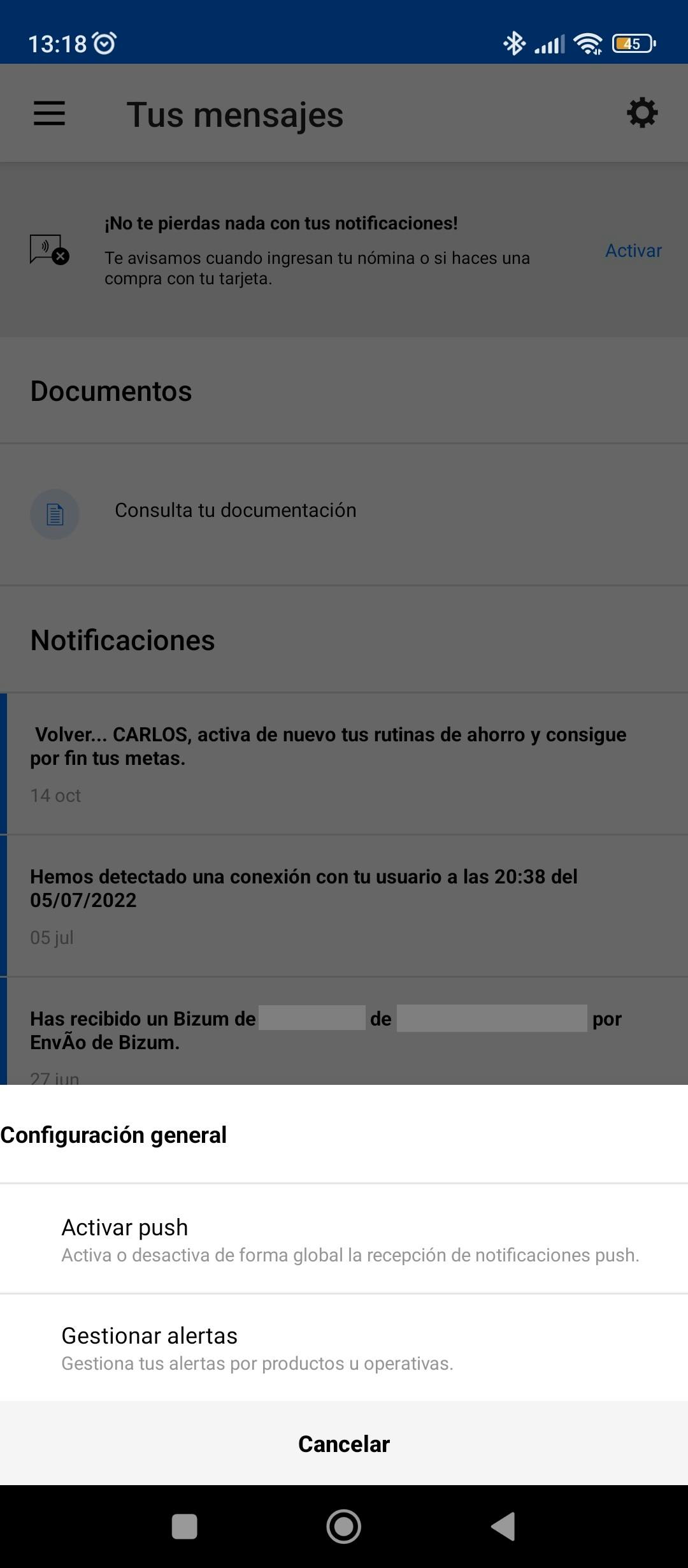 Captura Banco Sabadell apartado configuración general para activar las notificaciones en la app