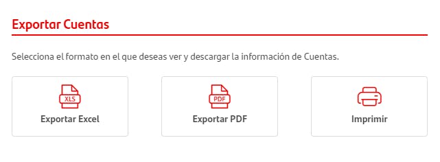Captura de la pantalla emergente que aparece en la web del Santander para elegir el formato del documento Excel, PDF o Imprimirlo en el momento