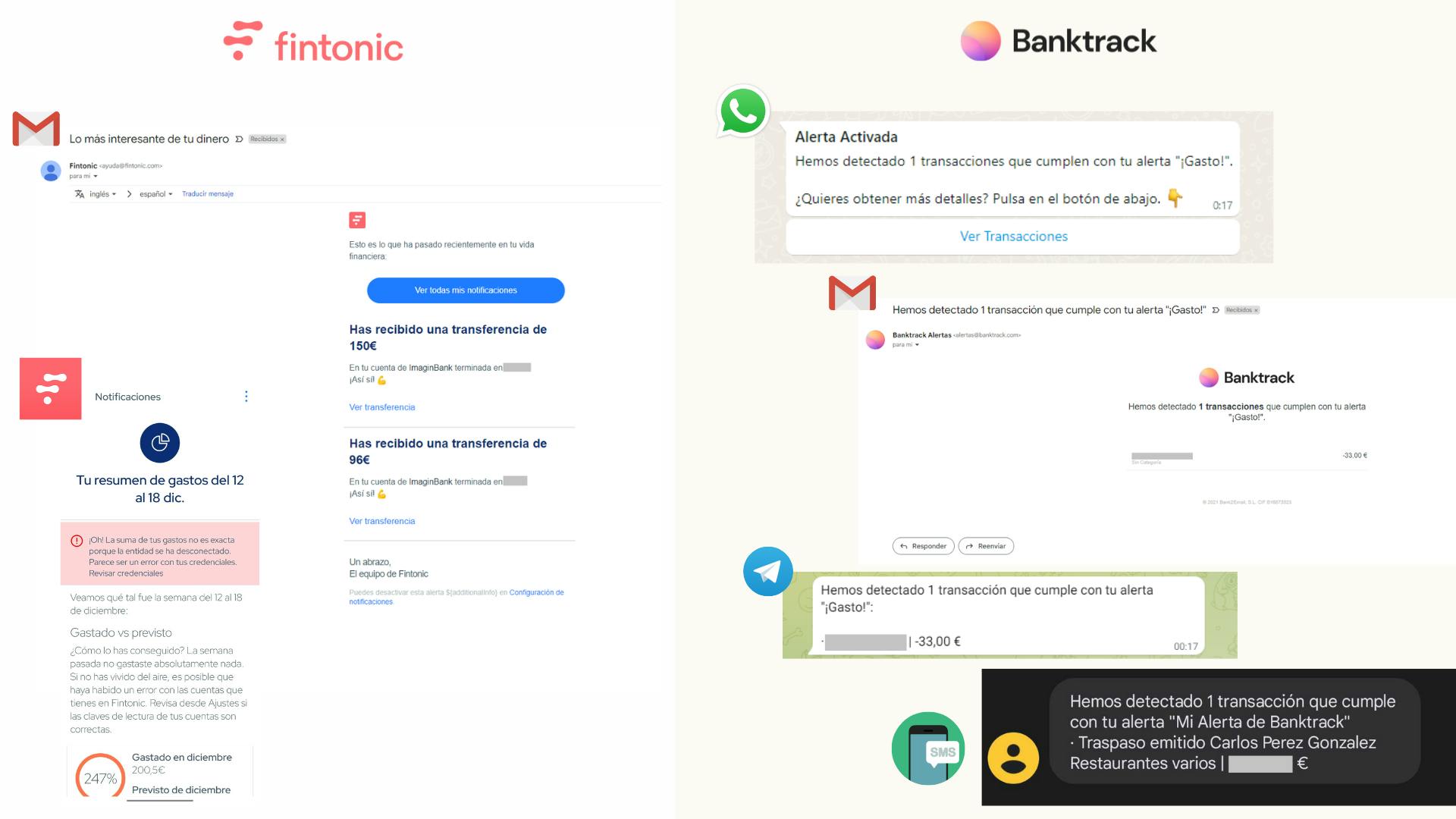 Capturas de las alertas recibidas por parte de Fintonic y Banktrack, la mejor alternativa a Fintonic en finanzas personales