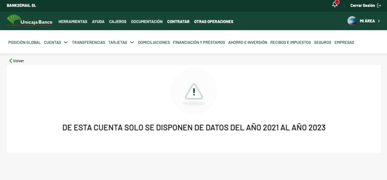 captura de pantalla sobre error en la web banco unicaja