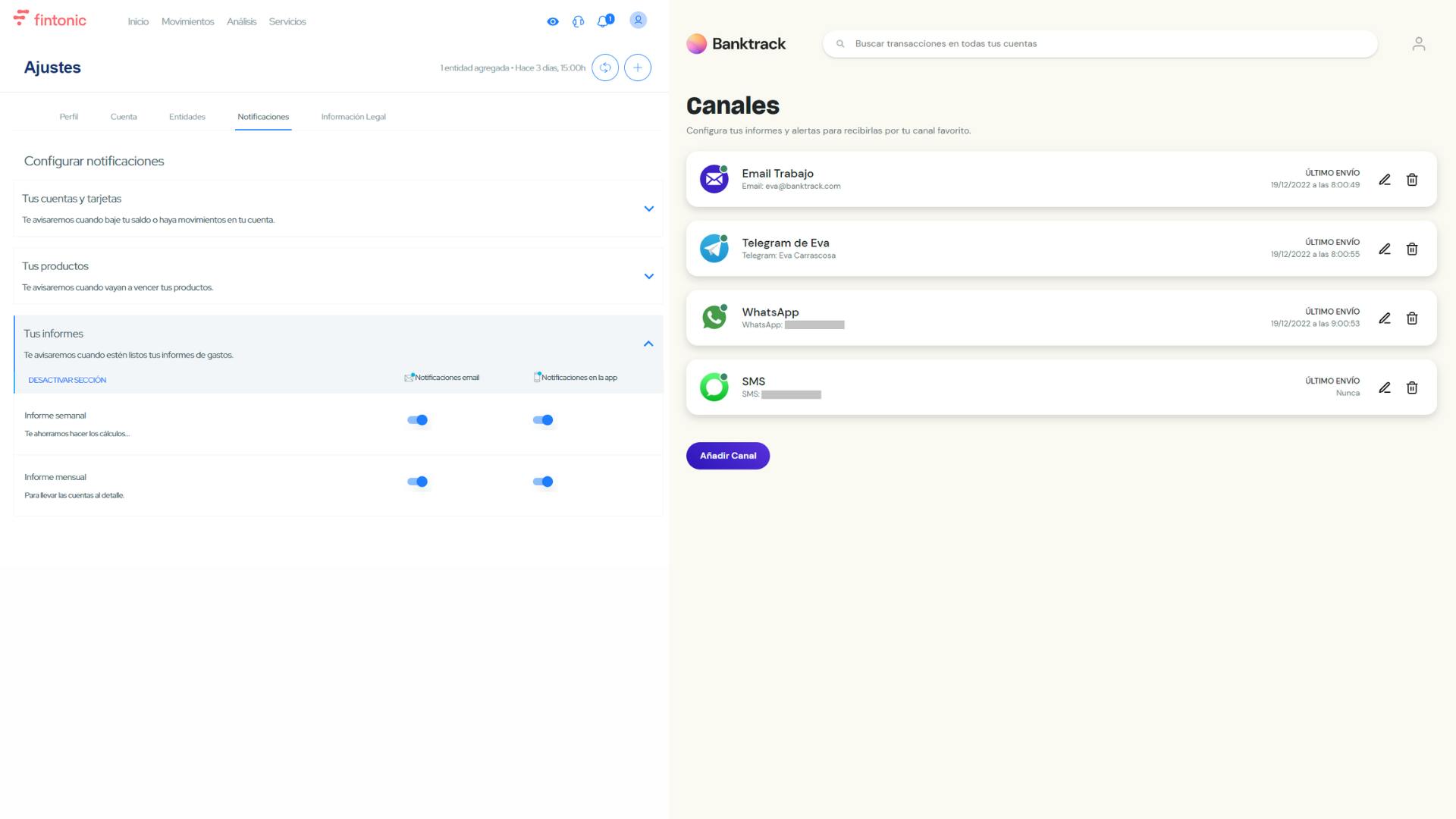 Captura de pantalla de los tipos de canales que tiene cada plataforma sobre finanzas personales: Fintonic y Banktrack, la mejor alternativa a Fintonic