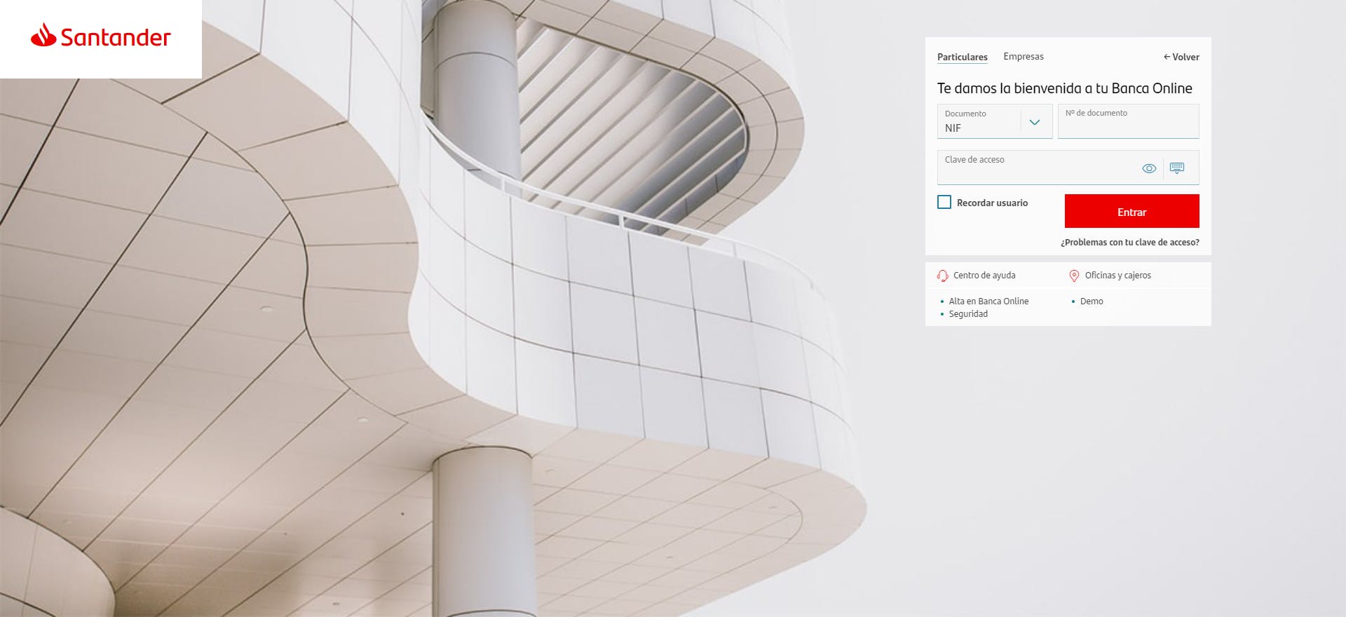 Captura de pantalla desde ordenador del banco santander web