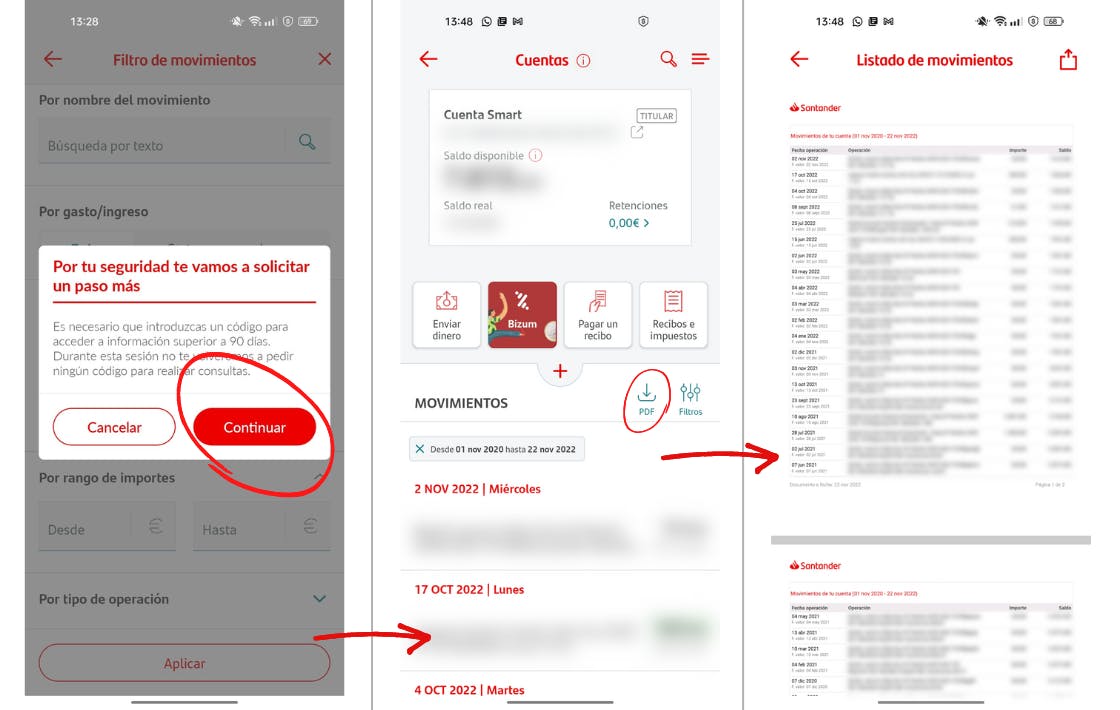 Capturas de pantalla sobre los pasos que hay que seguir para realizar el proceso en la app Banco Santander