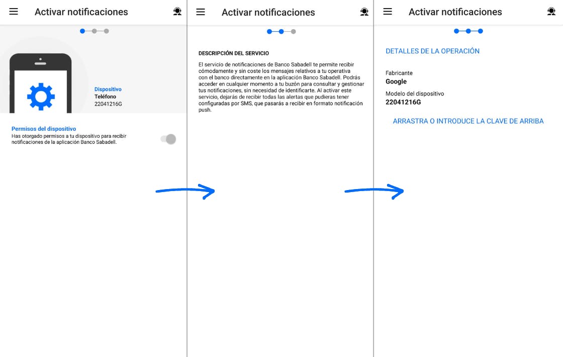Captura del proceso que hay que seguir para configurar las notificaciones en la app Banco Sabadell