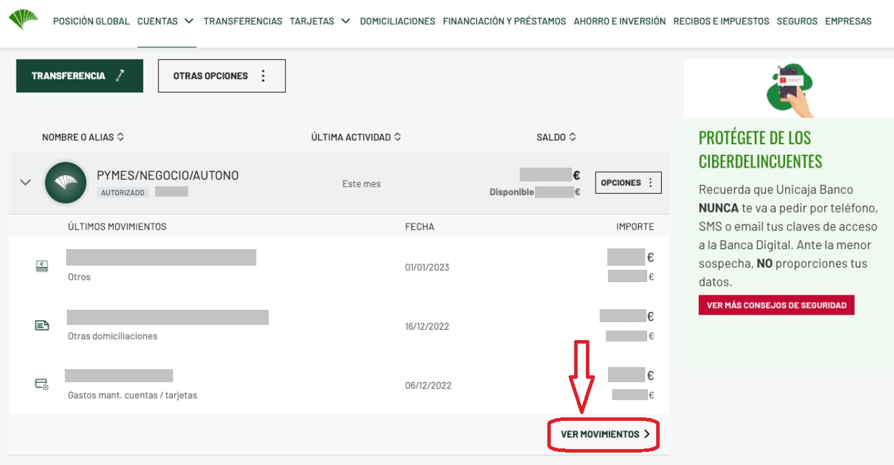 Segundo paso en el que hay que desplazarse hacia la parte inferior de la web del banco unicaja