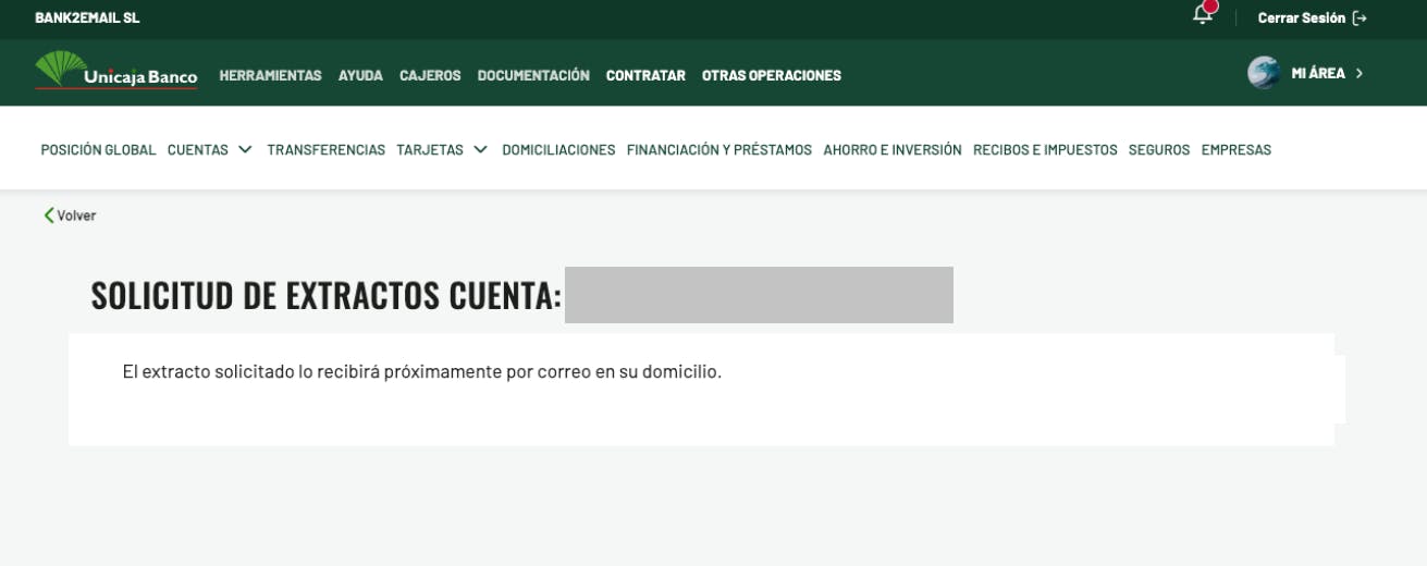 Proceso final de solicitud para el historial bancario completo en la web banco unicaja