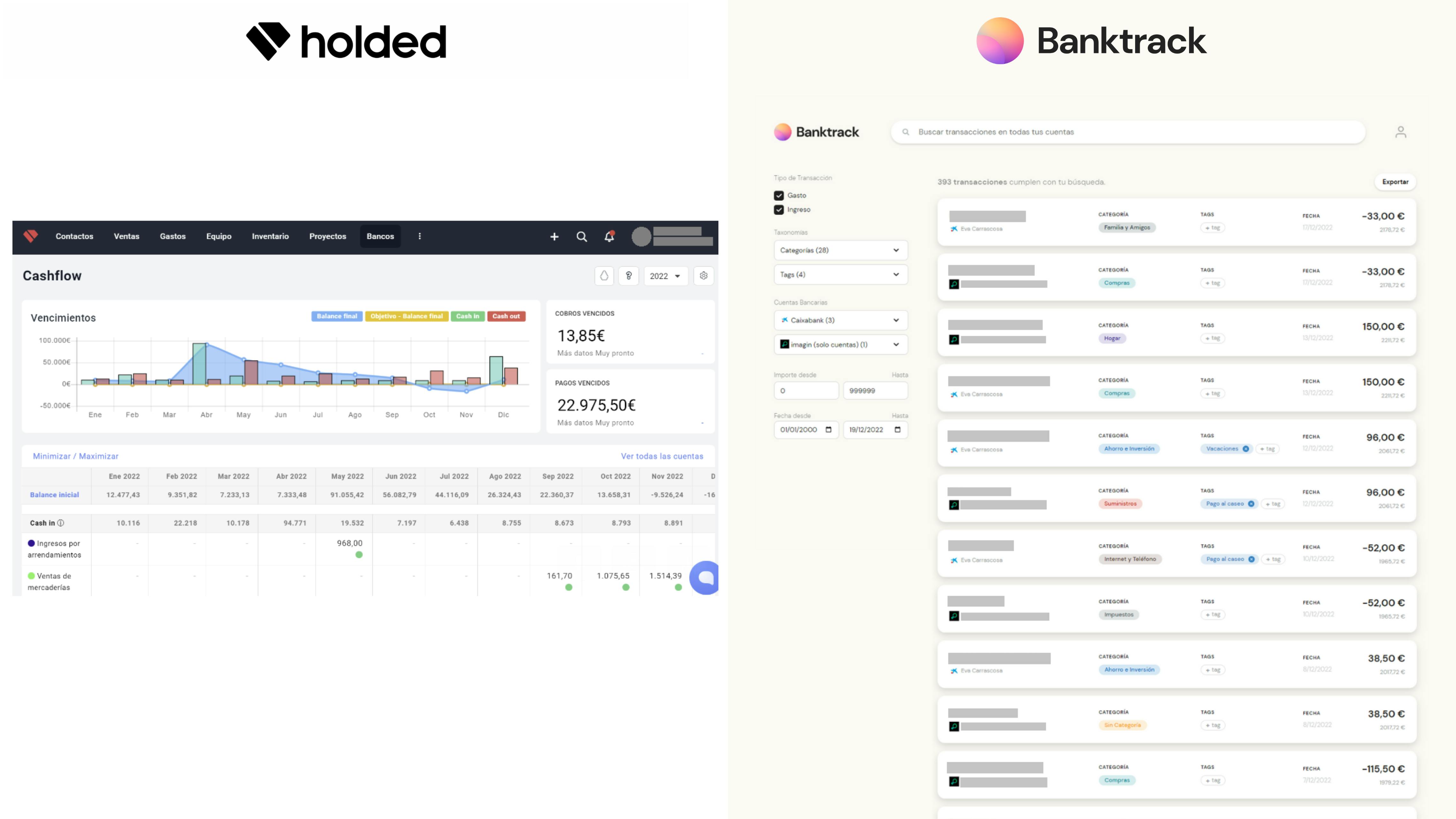 Captura de pantalla del historial bancario de Holded y su alternativa Banktrack