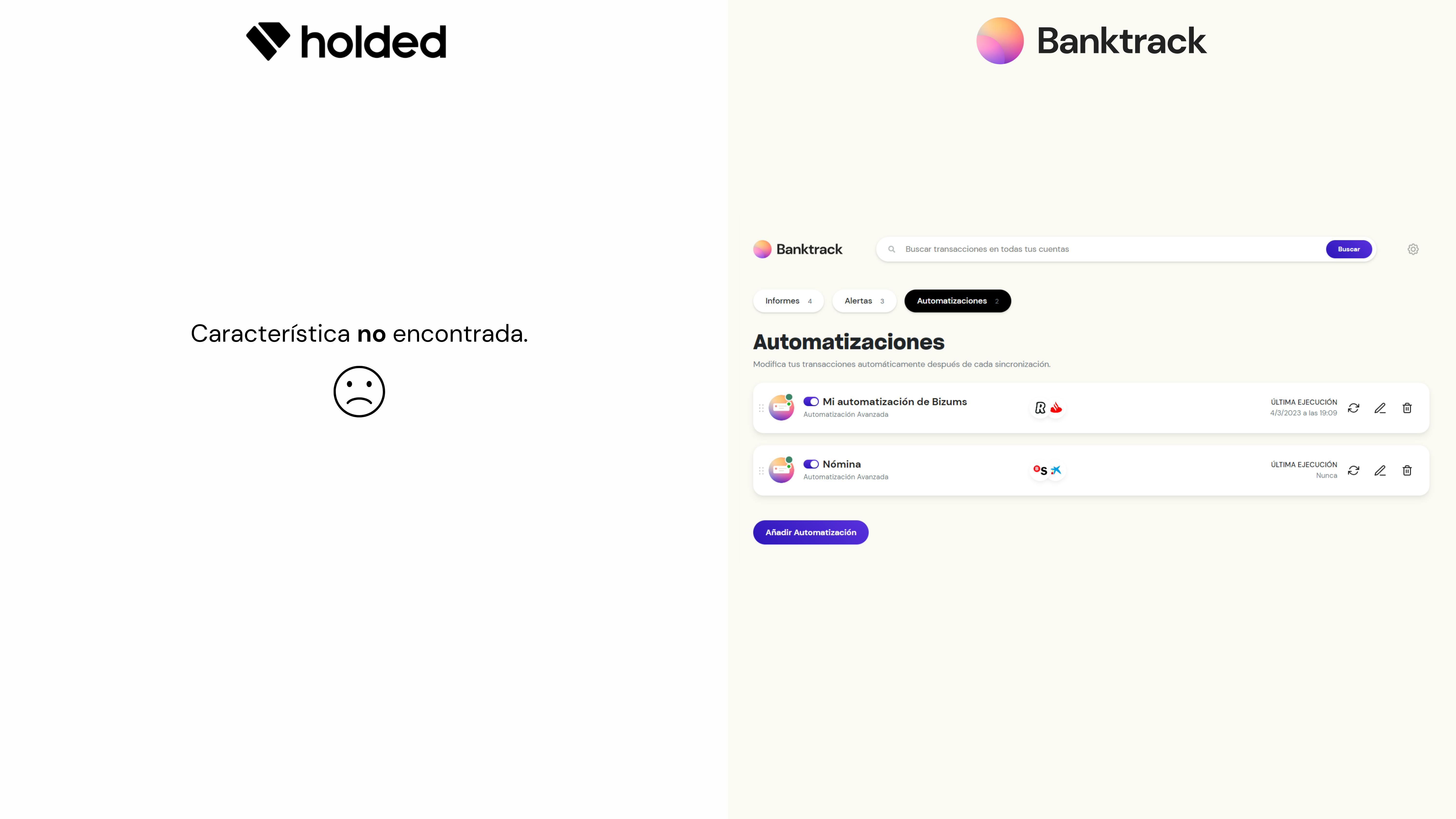 Capturas de pantalla en las correspondientes herramientas de gestión de finanzas para empresas. A la izquierda Holded y a la derecha su alternativa Banktrack.