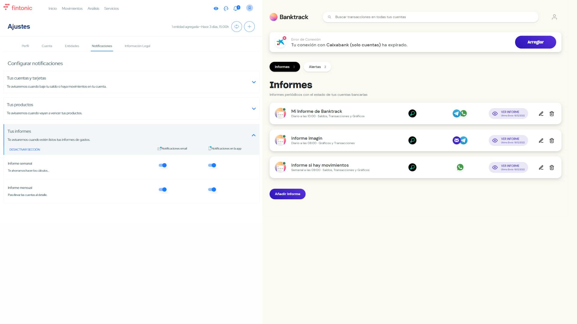 Capturas de pantalla en Fintonic y Banktrack en la pantalla de gestionar informes bancarios