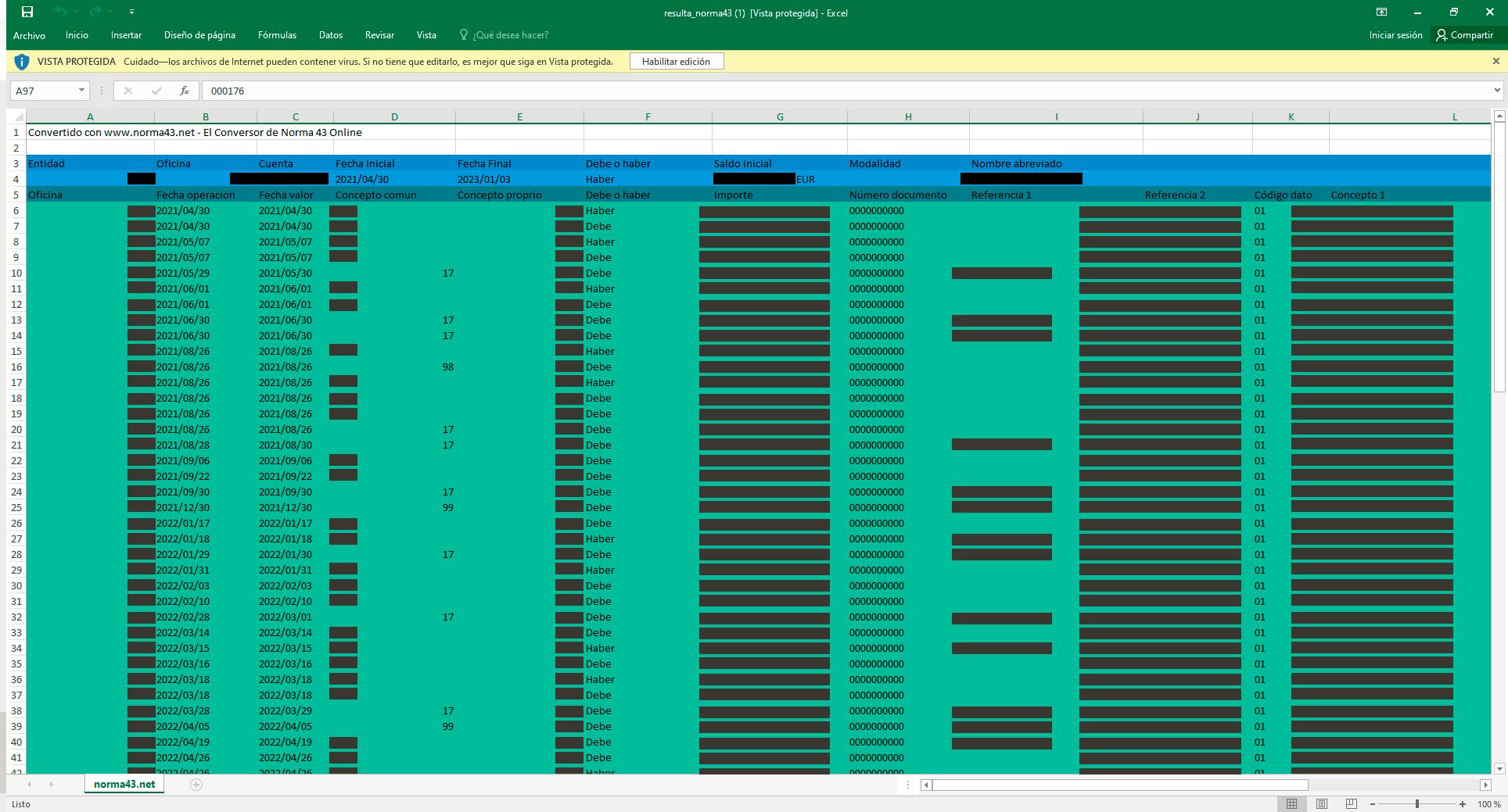 Captura de pantalla de la visualización del archivo en formato norma 43 a excel con el proceso anterior