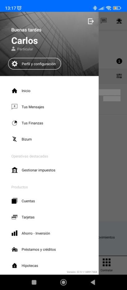 Captura de pantalla de la app del Banco Sabadell en ajustes
