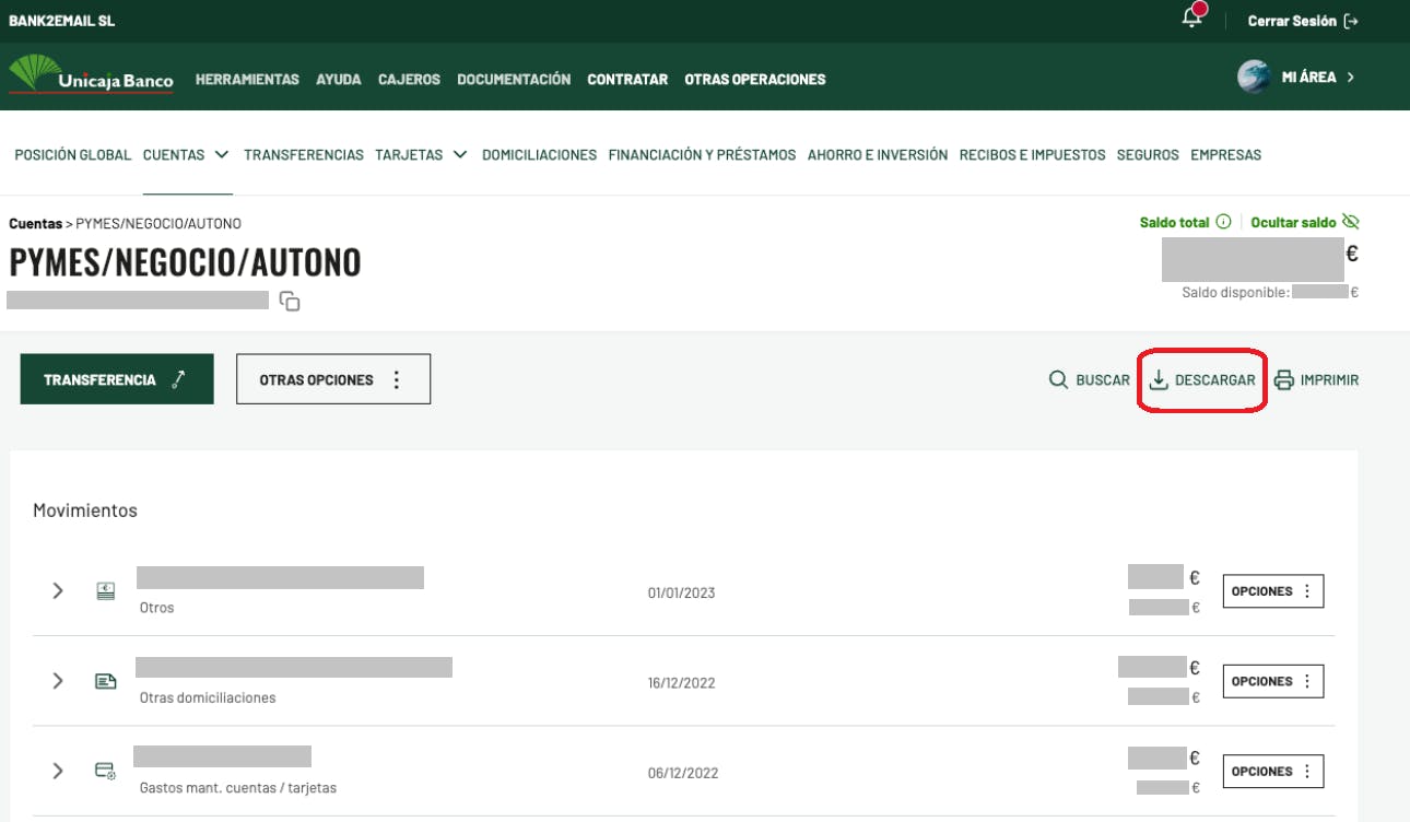 Captura de pantalla del proceso de descarga para el historial bancario total en la web del banco unicaja