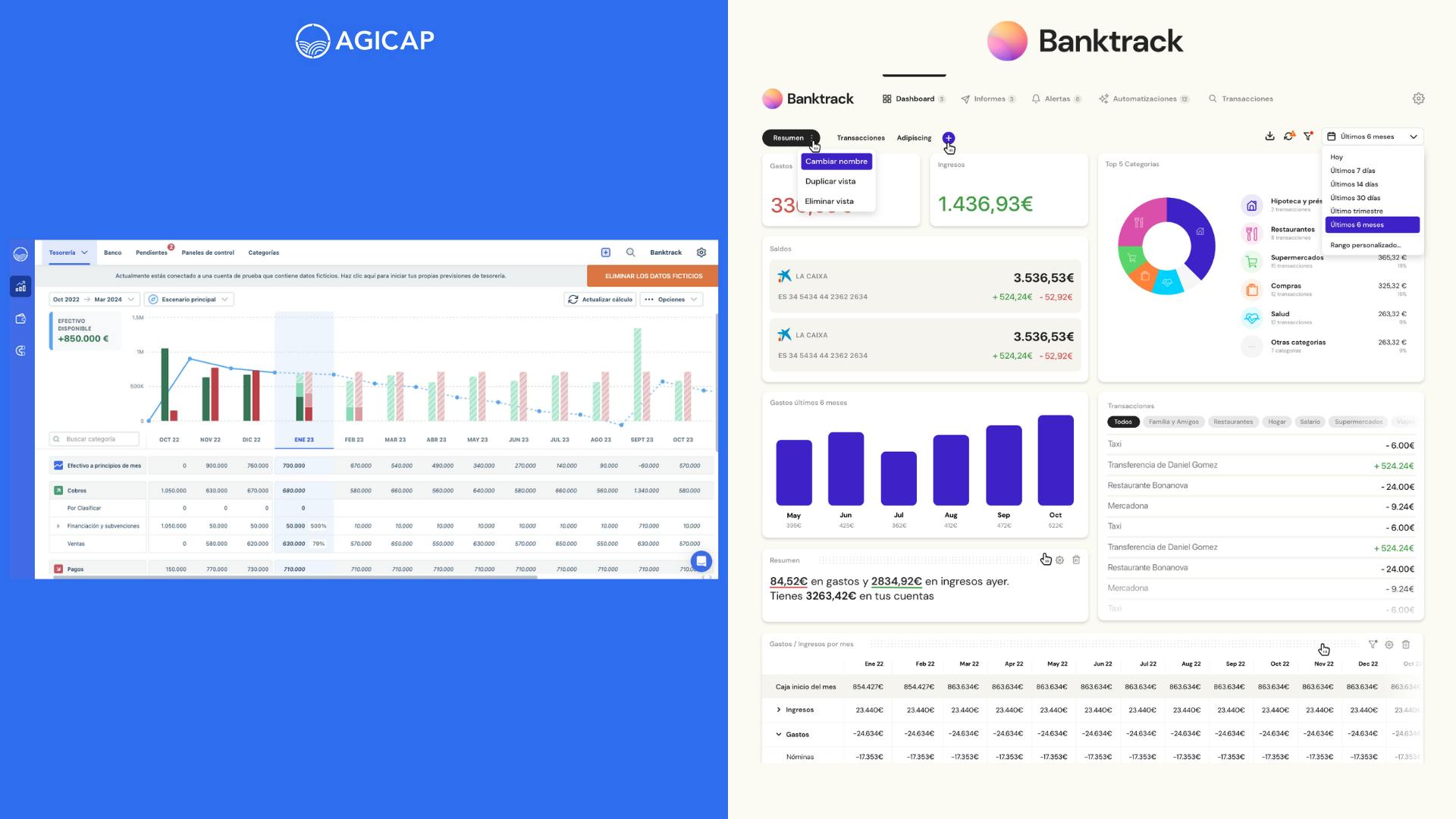 Comparando los dashboards de agicap con los ultra-personalizados de Banktrack. La alternativa a agicap es Banktrack