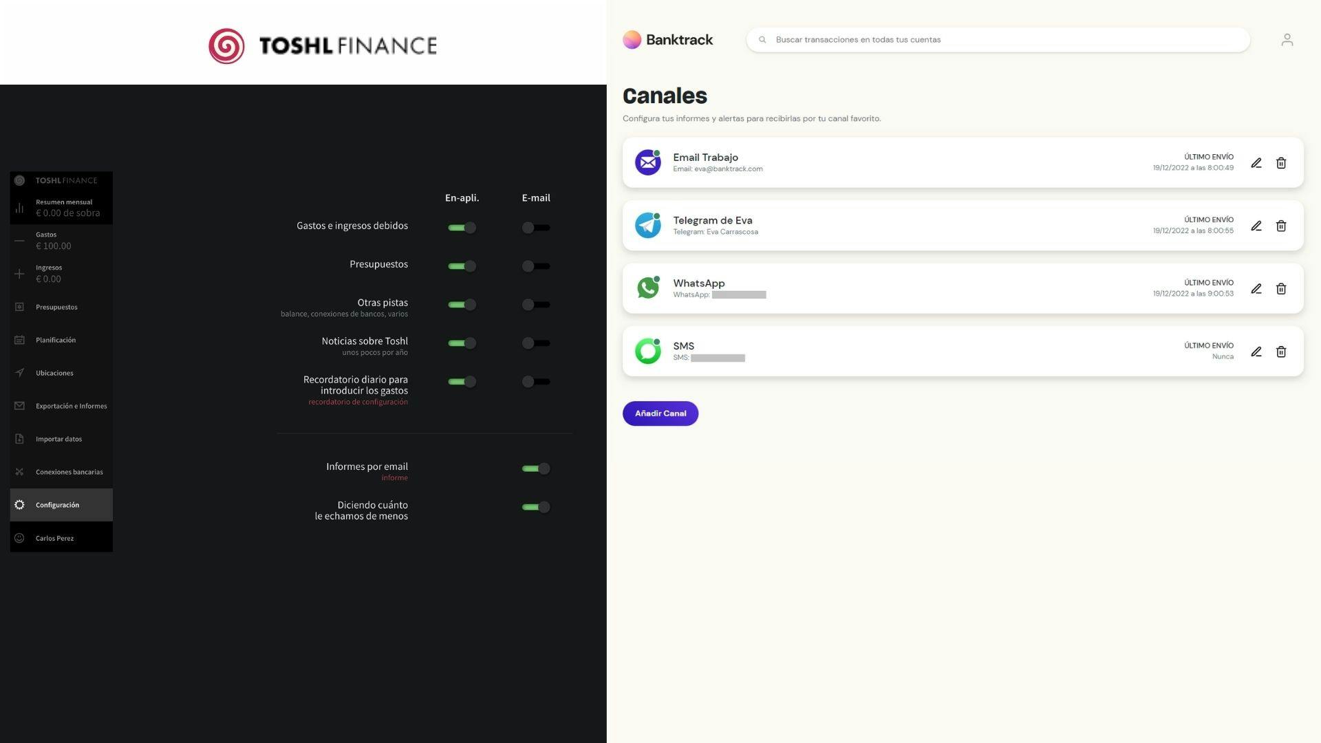 Capturas de las herramientas Toshl y Banktrack, de izquierda a derecha. Imagen de los ajustes de notificaciones