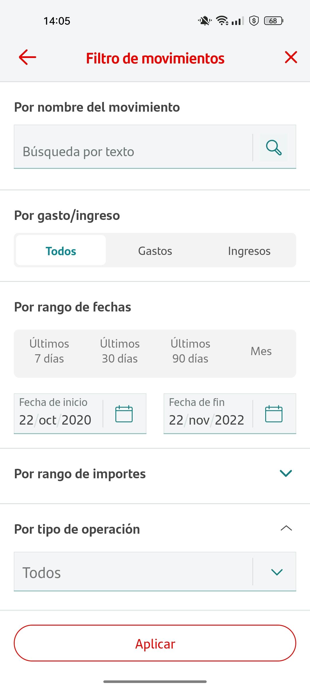 Captura de pantalla en el filtro de movimientos para modificar la fecha y que aparezca una diferencia de 2 años para hacer la descarga de las transacciones