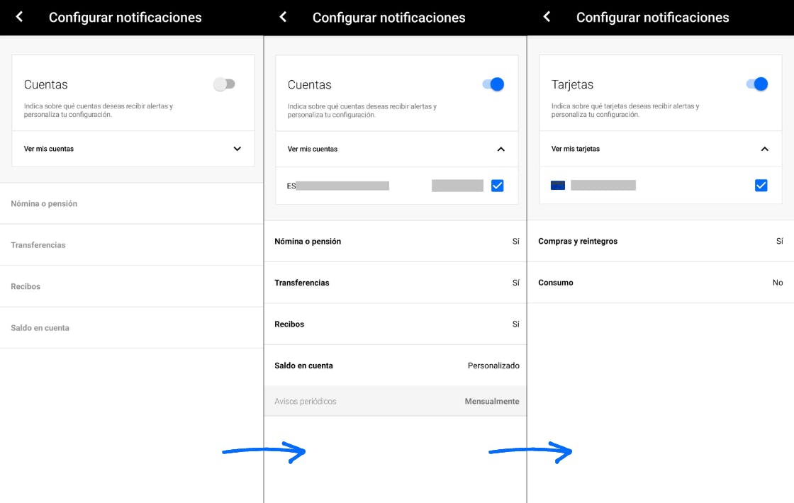 Proceso de tres fases en el que en la app Banco Sabadell hay que seguir para configurar bien las notificaciones