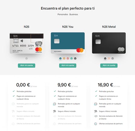 Captura de un plan de precios del neobanco N26