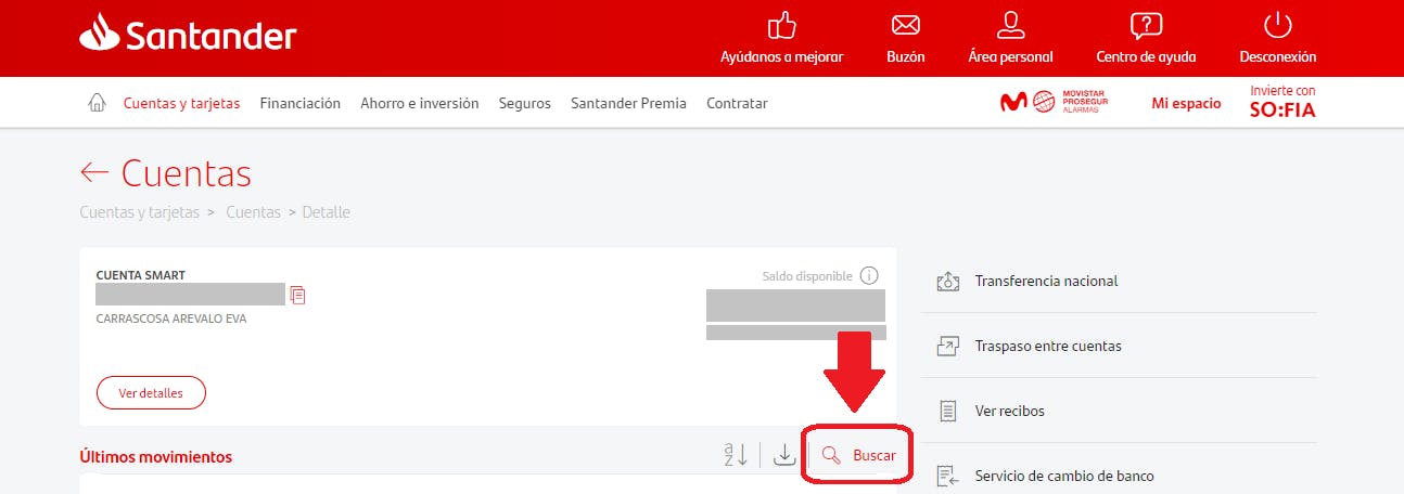 Captura en la web del Santander, marcando donde hay que ir para ver la opción de buscar y descargar el historial de movimientos