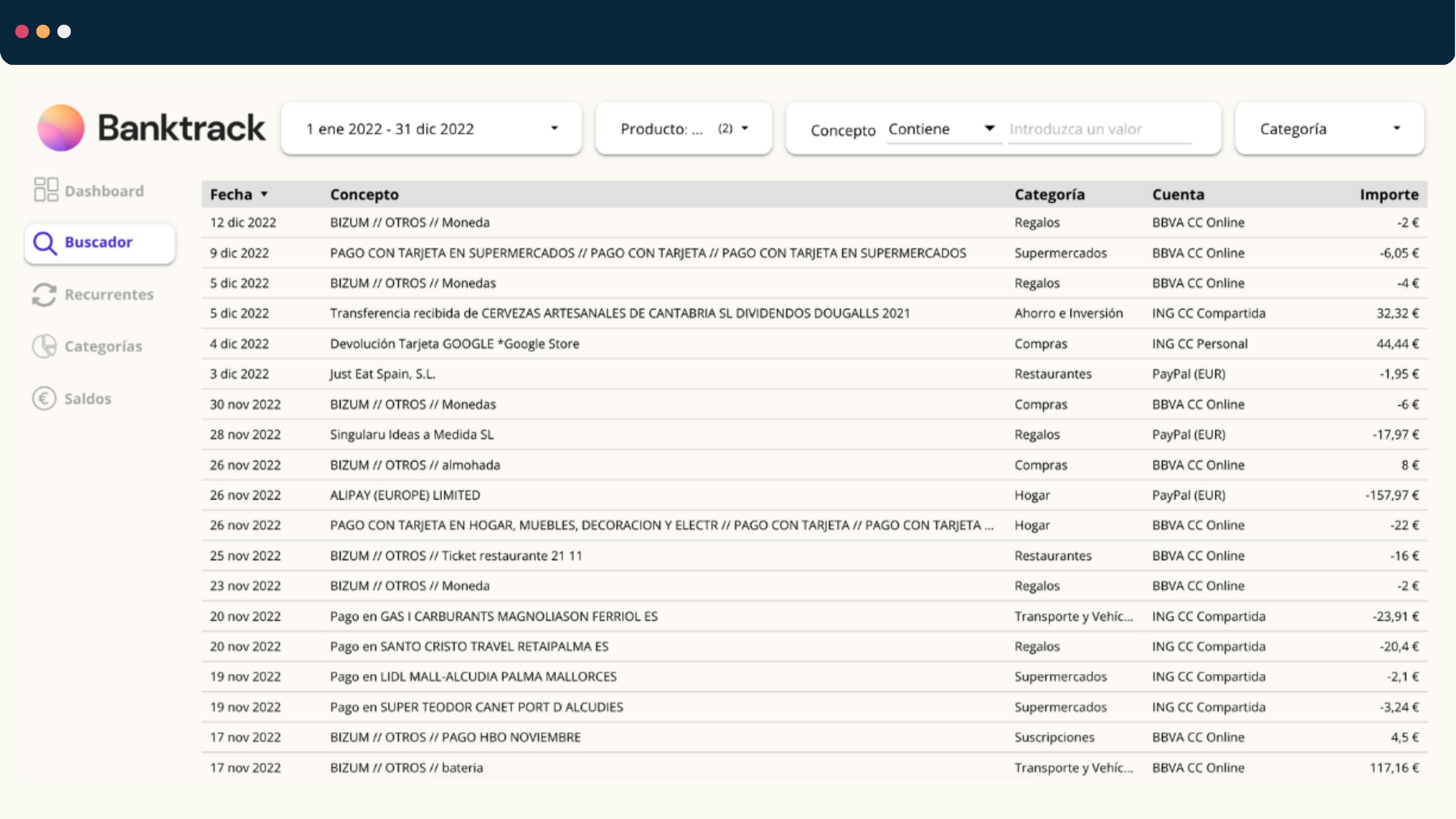 Este es el buscador de transacciones que se puede visualizar en la plantilla gratuita de Banktrack para Google Data Studio