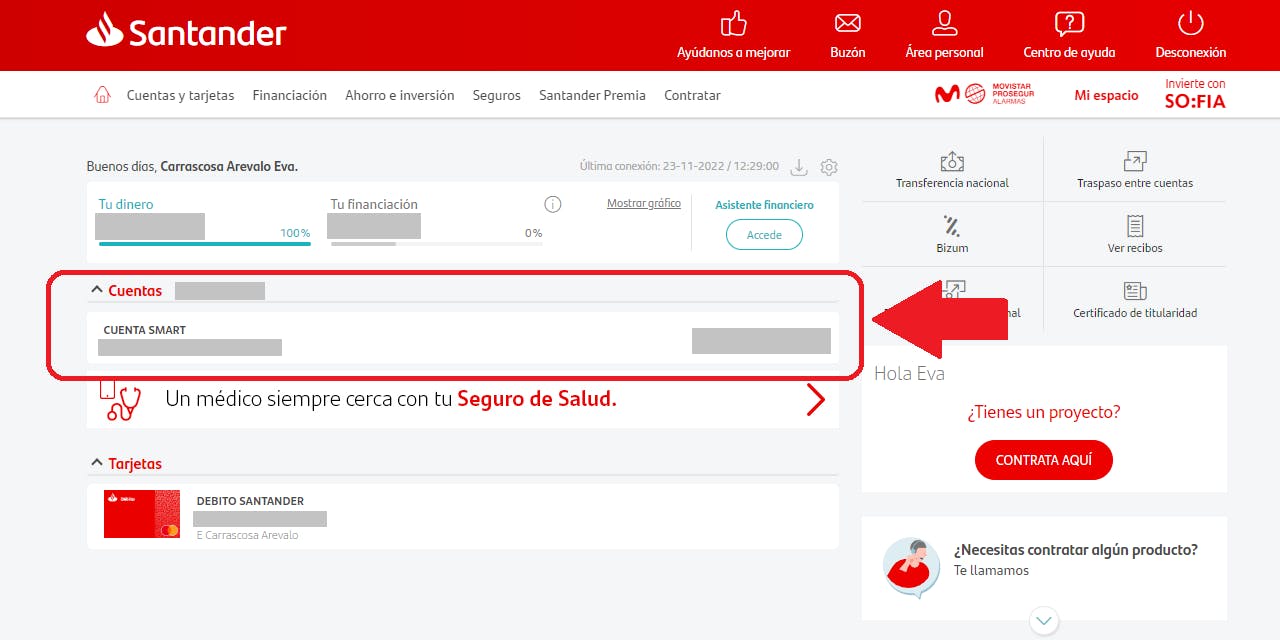 Captura de pantalla en la web del Santander para seleccionar la cuenta de la que queremos ver el historial
