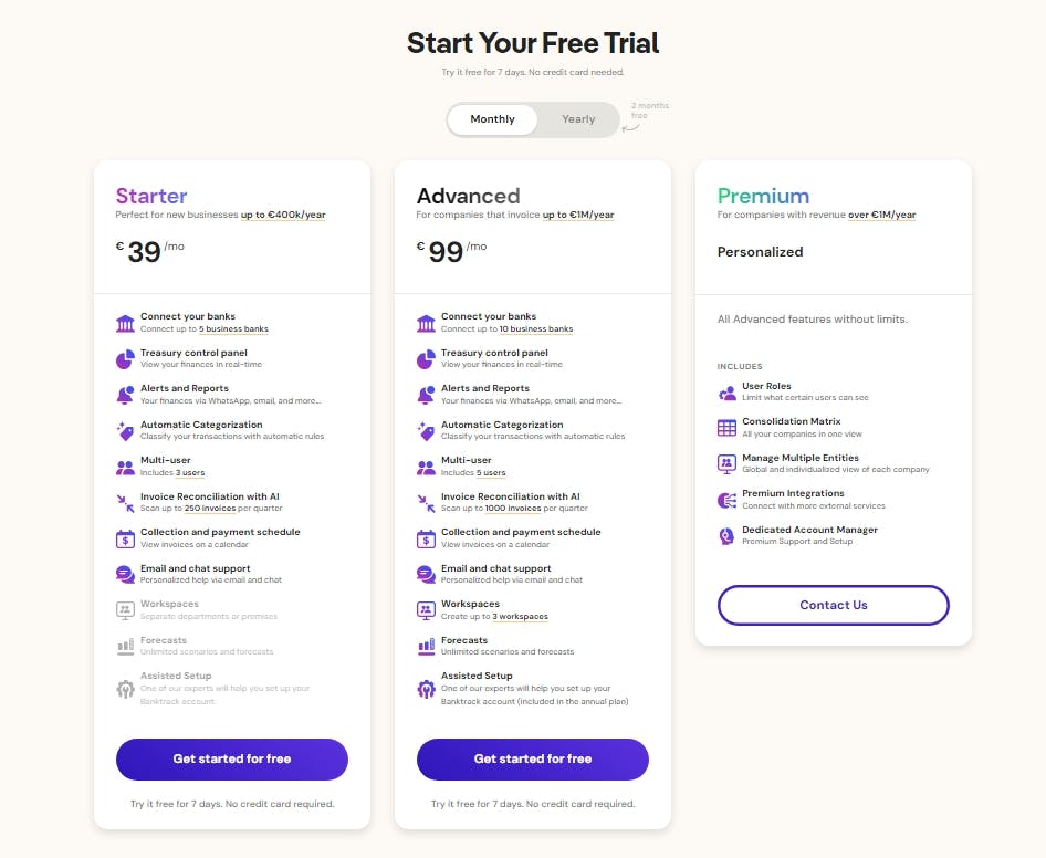 pricing banktrack