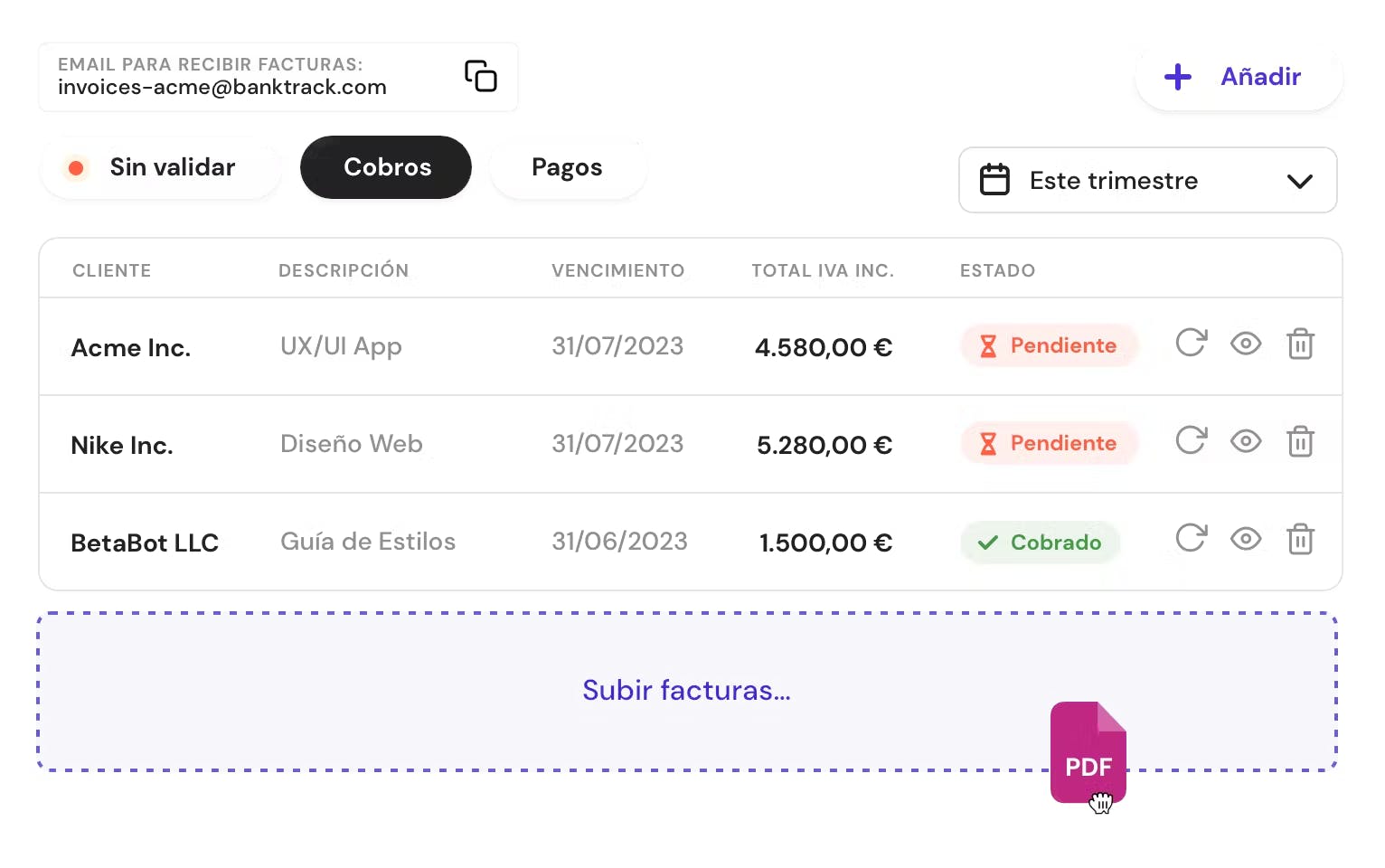 función de arrastrar facturas Banktrack